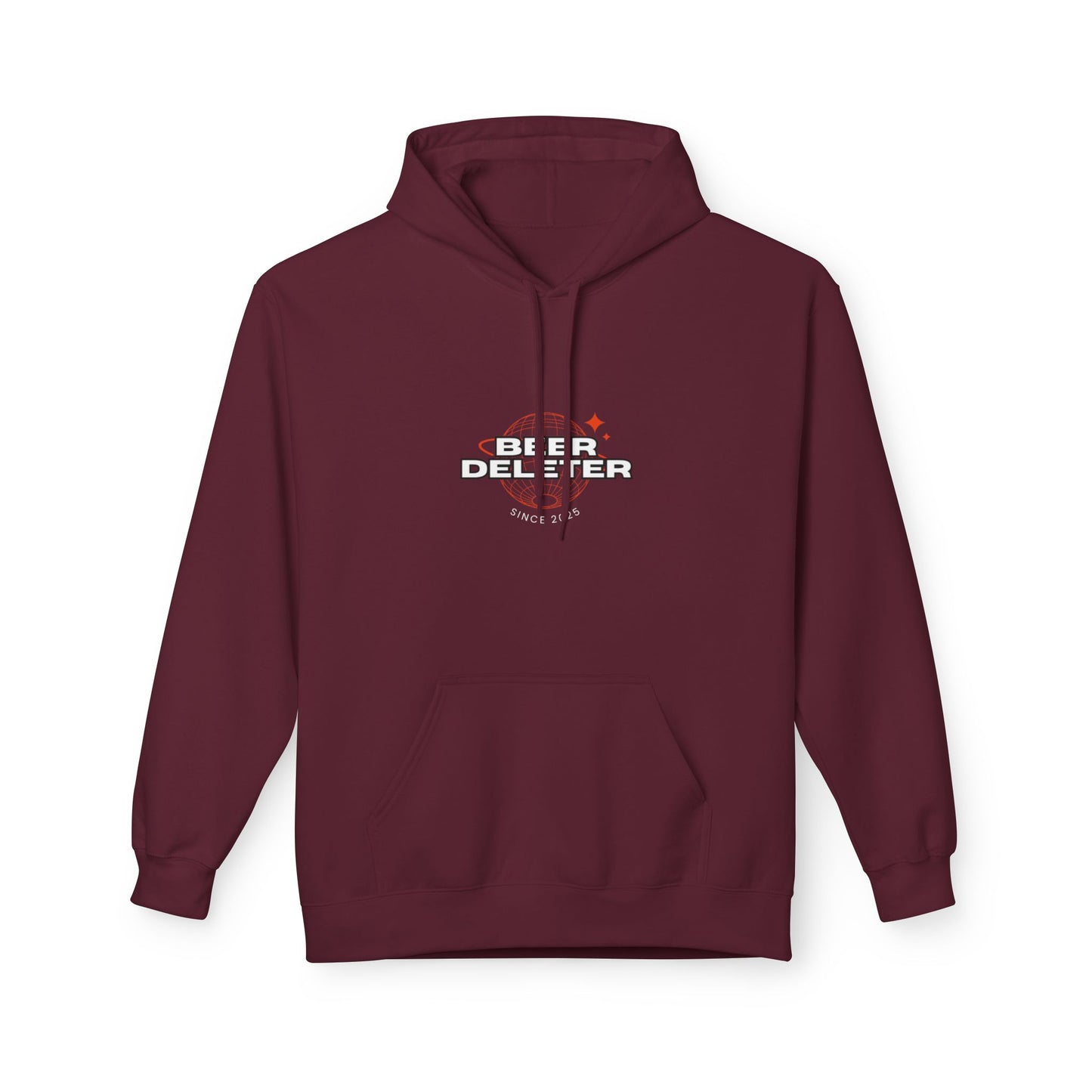 Maroon hoodie with a graphic design on the chest against a white background