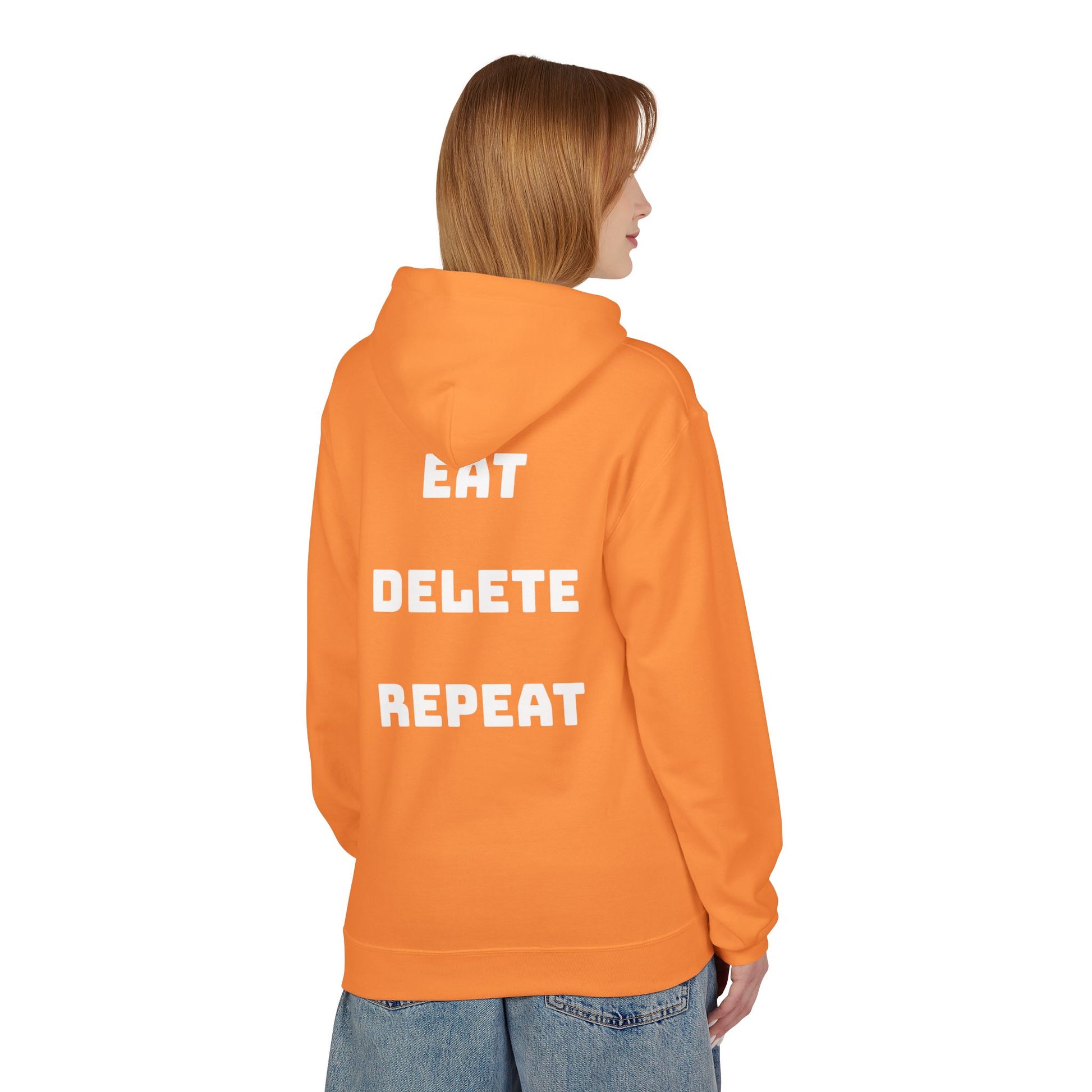 Person wearing an orange hoodie with 'EAT DELETE REPEAT' text on the back, standing against a white background.