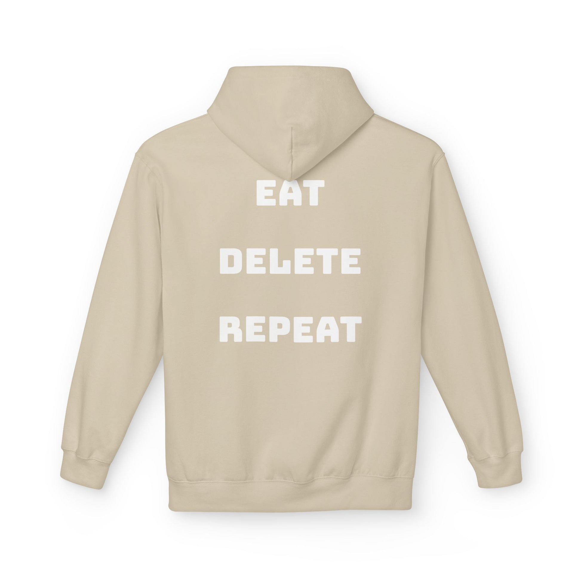 Beige hoodie with 'EAT DELETE REPEAT' text on the back against a white background