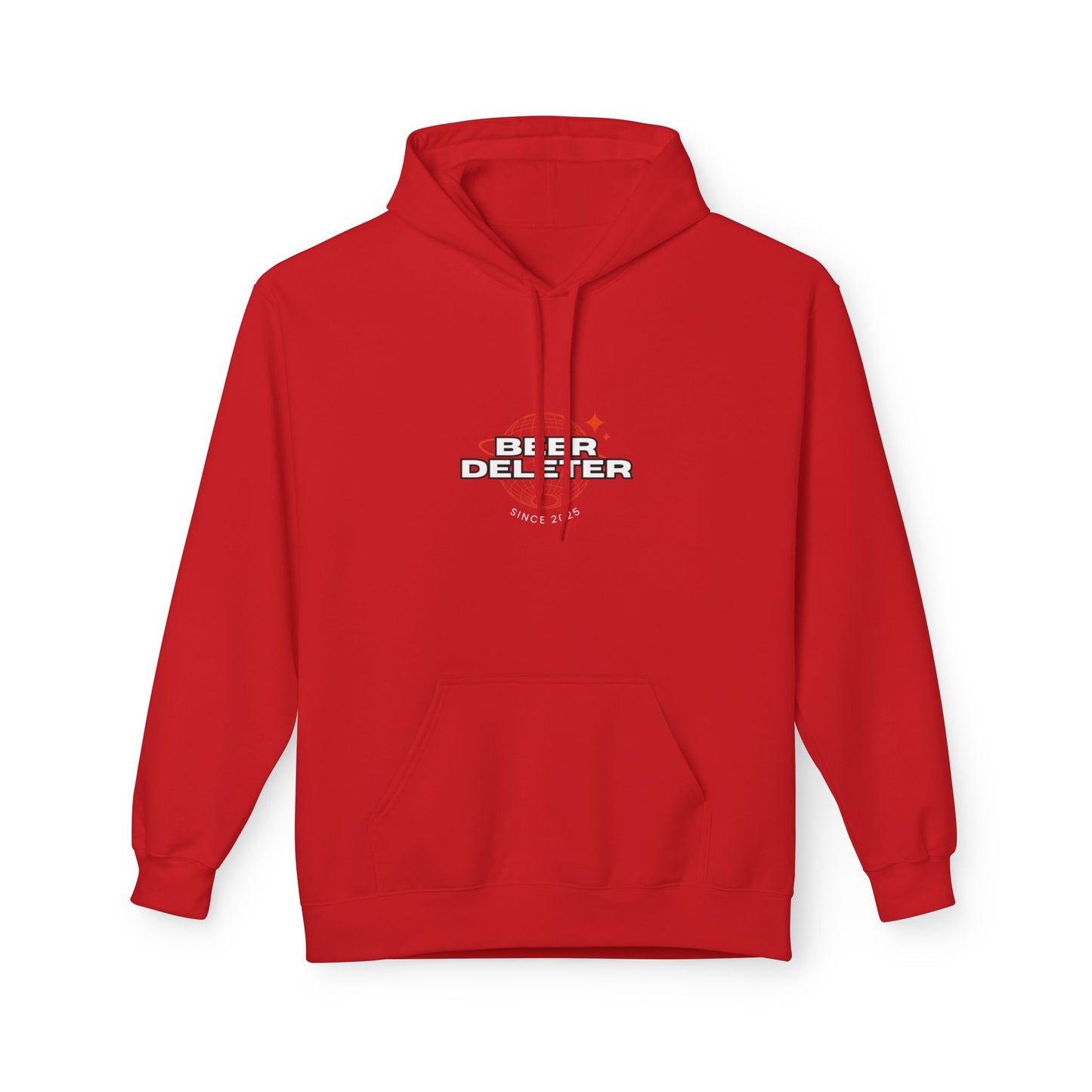 Red hoodie with 'Beer Deleter' text on a white background