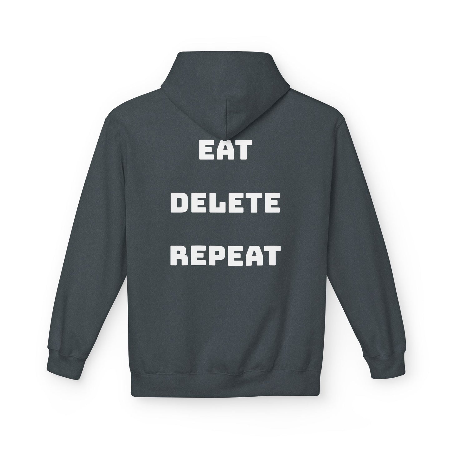 Dark gray hoodie with 'EAT DELETE REPEAT' text on the back against a white background