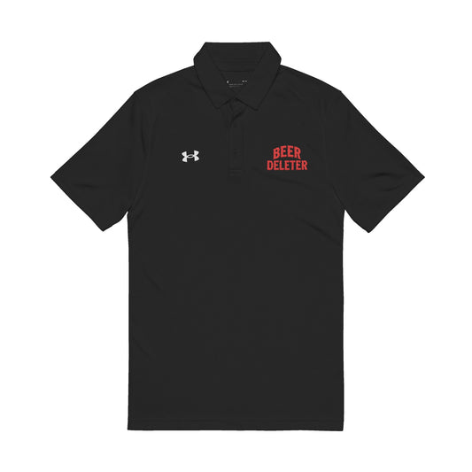 Black polo shirt with Under Armour logo and 'Beer Deleter' text on a white background
