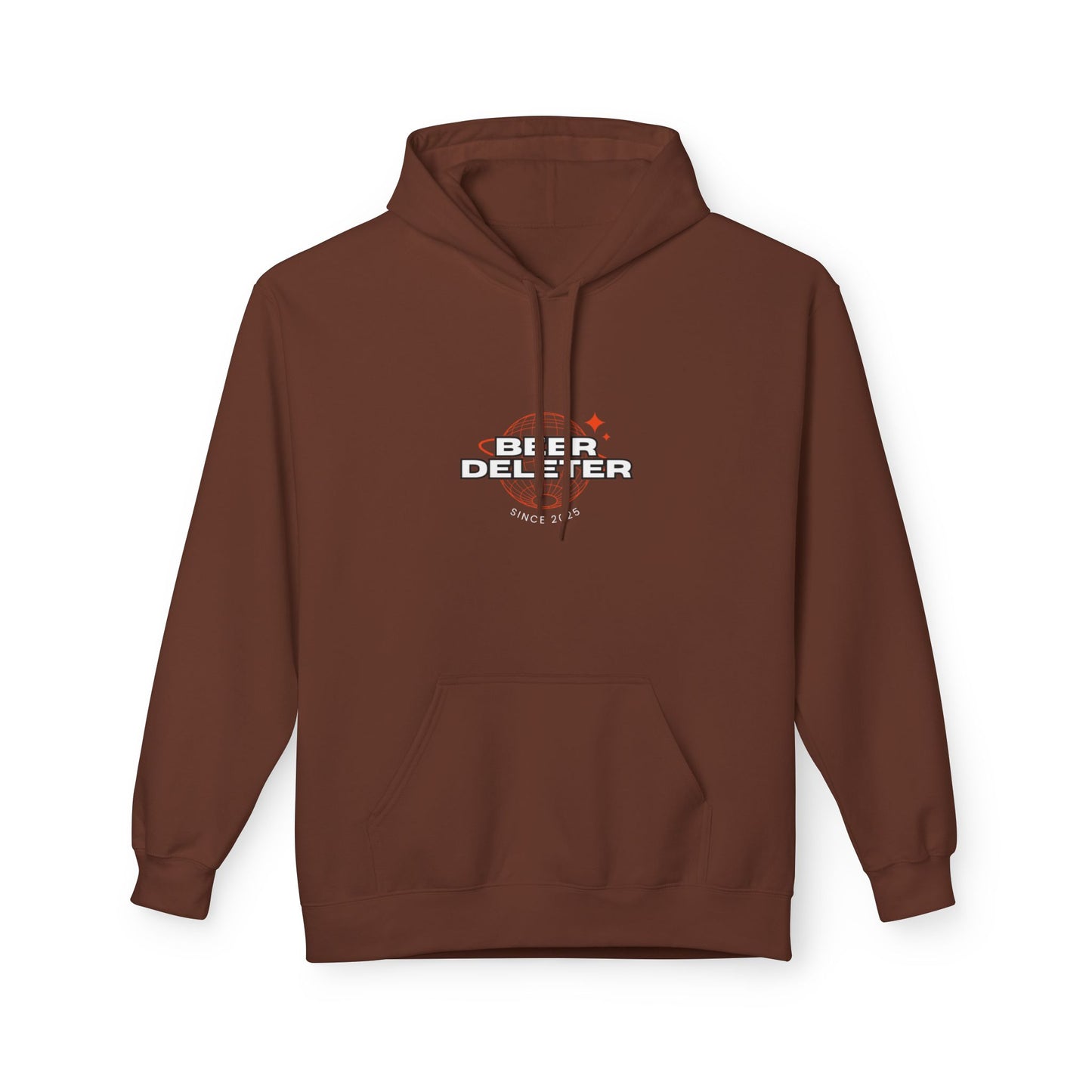 Brown hoodie with a logo on the chest against a white background