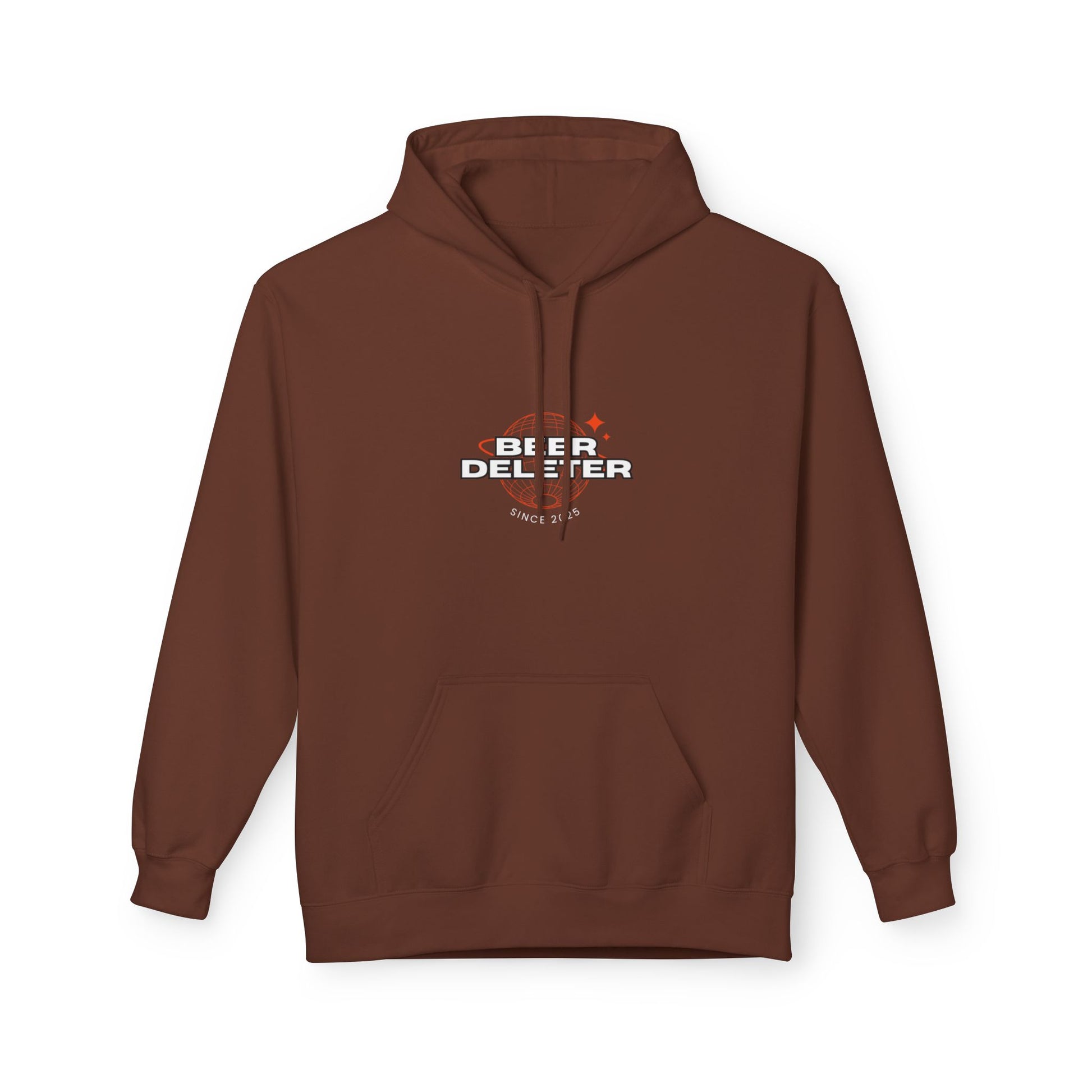 Brown hoodie with a logo on the chest against a white background
