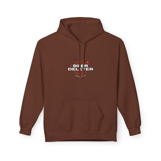 Brown hoodie with a logo on the chest against a white background