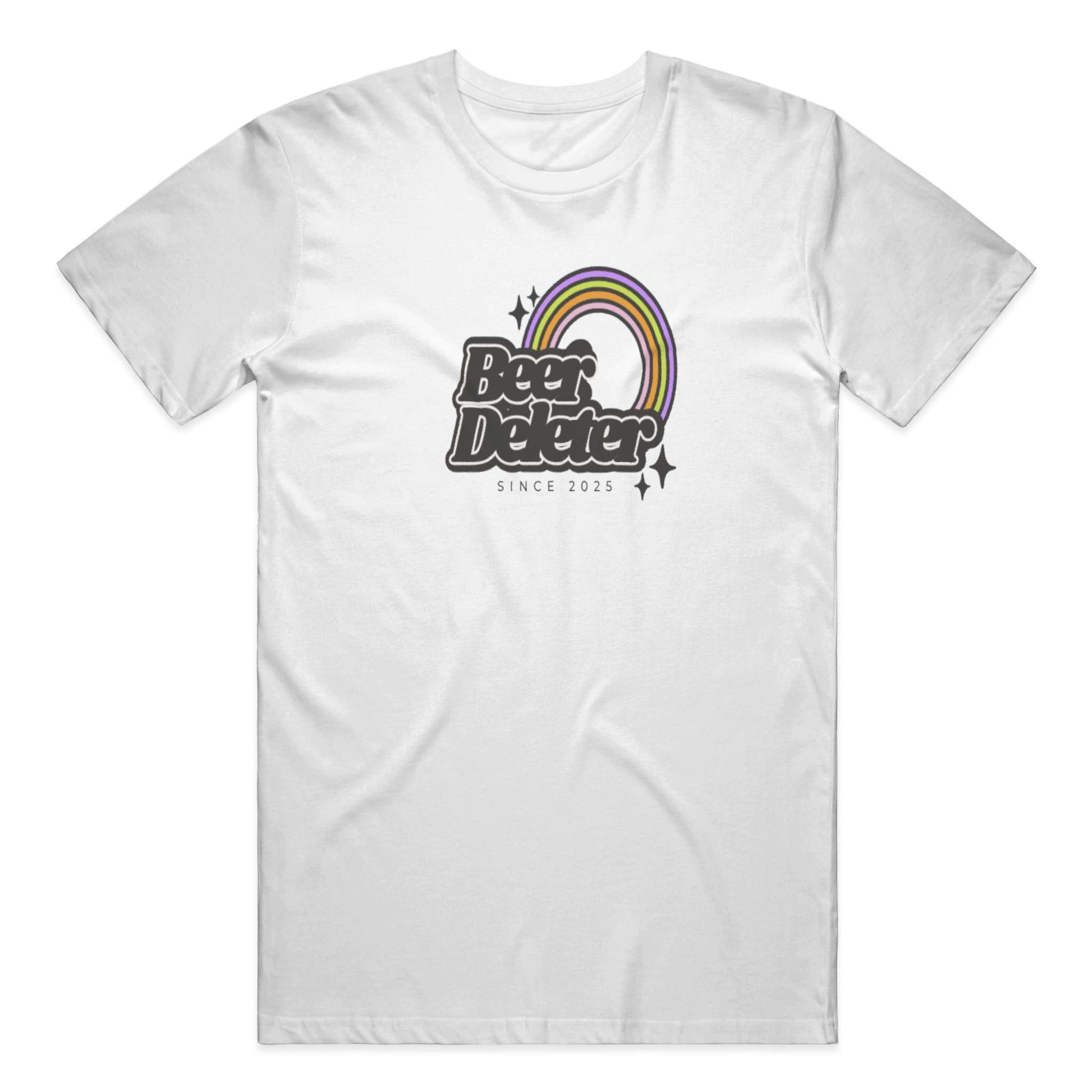 White t-shirt with 'Beer Deleter' graphic design featuring a rainbow on a white background