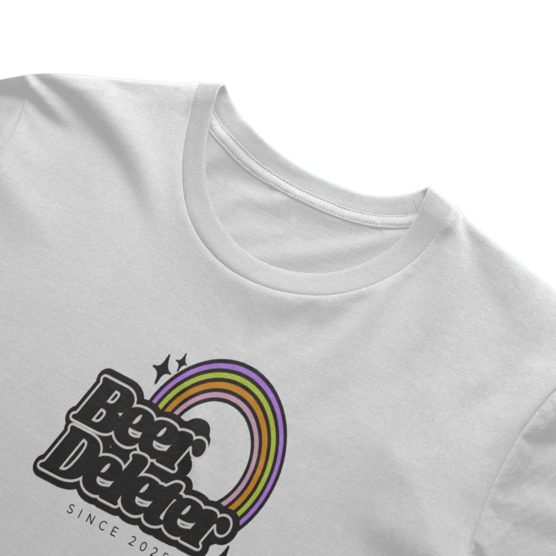 White t-shirt with a rainbow and text design on a white background