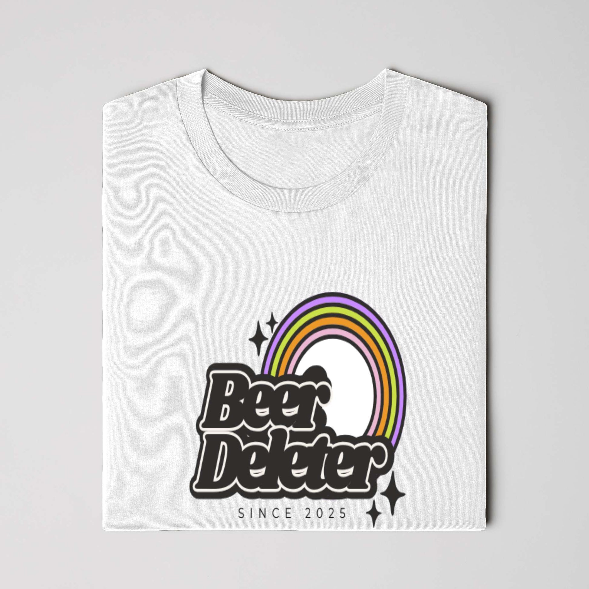 Folded White t-shirt with 'Beer Deleter Since 2025' design featuring a rainbow on a white background
