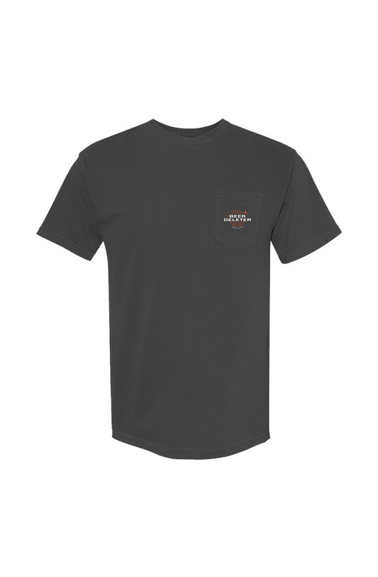 Black t-shirt with a small logo on a white background