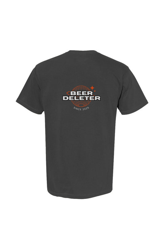 Black t-shirt with 'Beer Deleter' graphic on the back against a white background