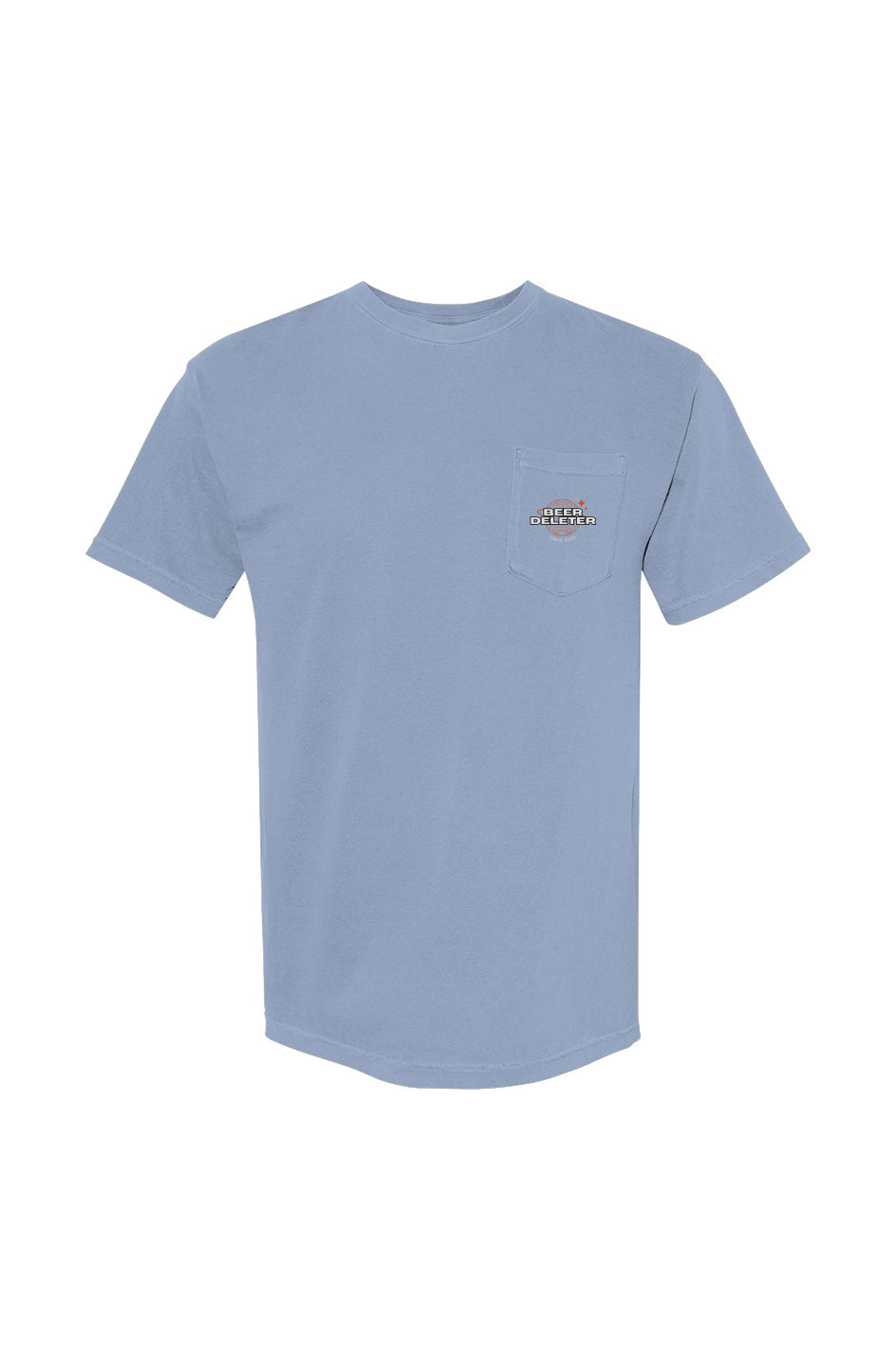 Light blue t-shirt with a small logo on the chest against a white background