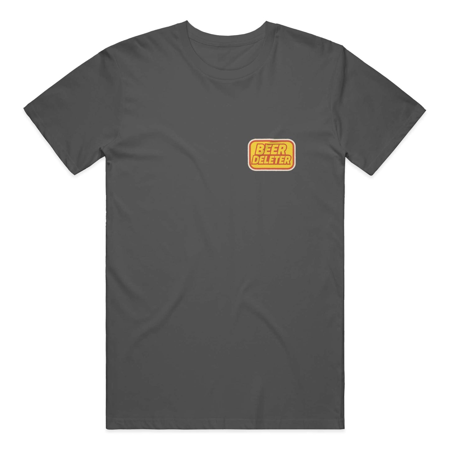 Dark Gray t-shirt with a yellow and black logo on a white background