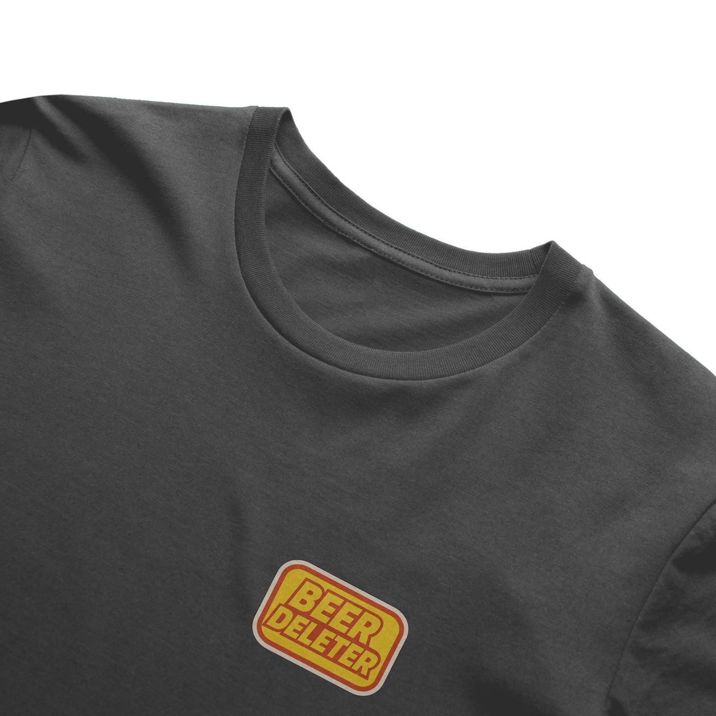 Dark Gray t-shirt with a yellow and red 'Beer Deleter' logo on a white background