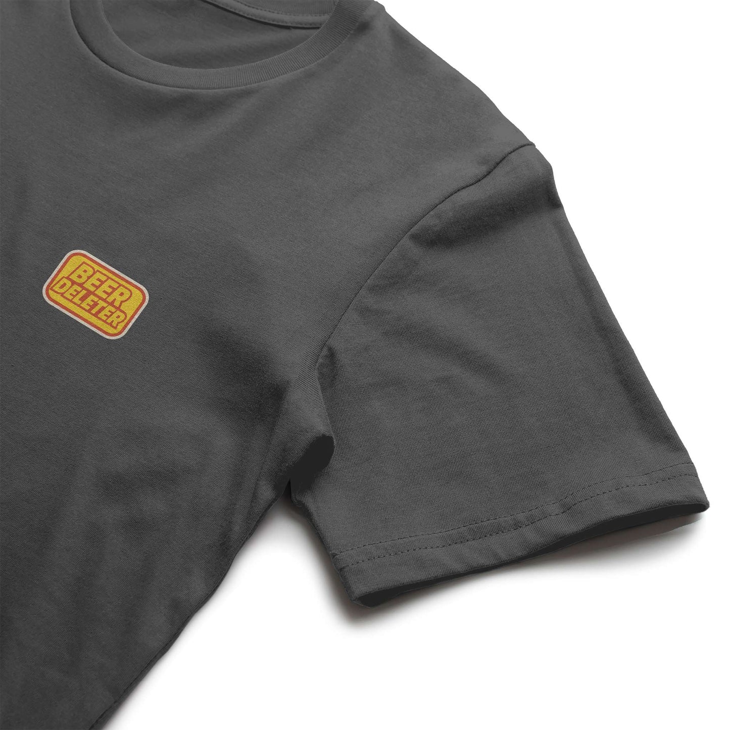 Dark Gray t-shirt with a yellow and red 'BEER DELETER' logo on a white background