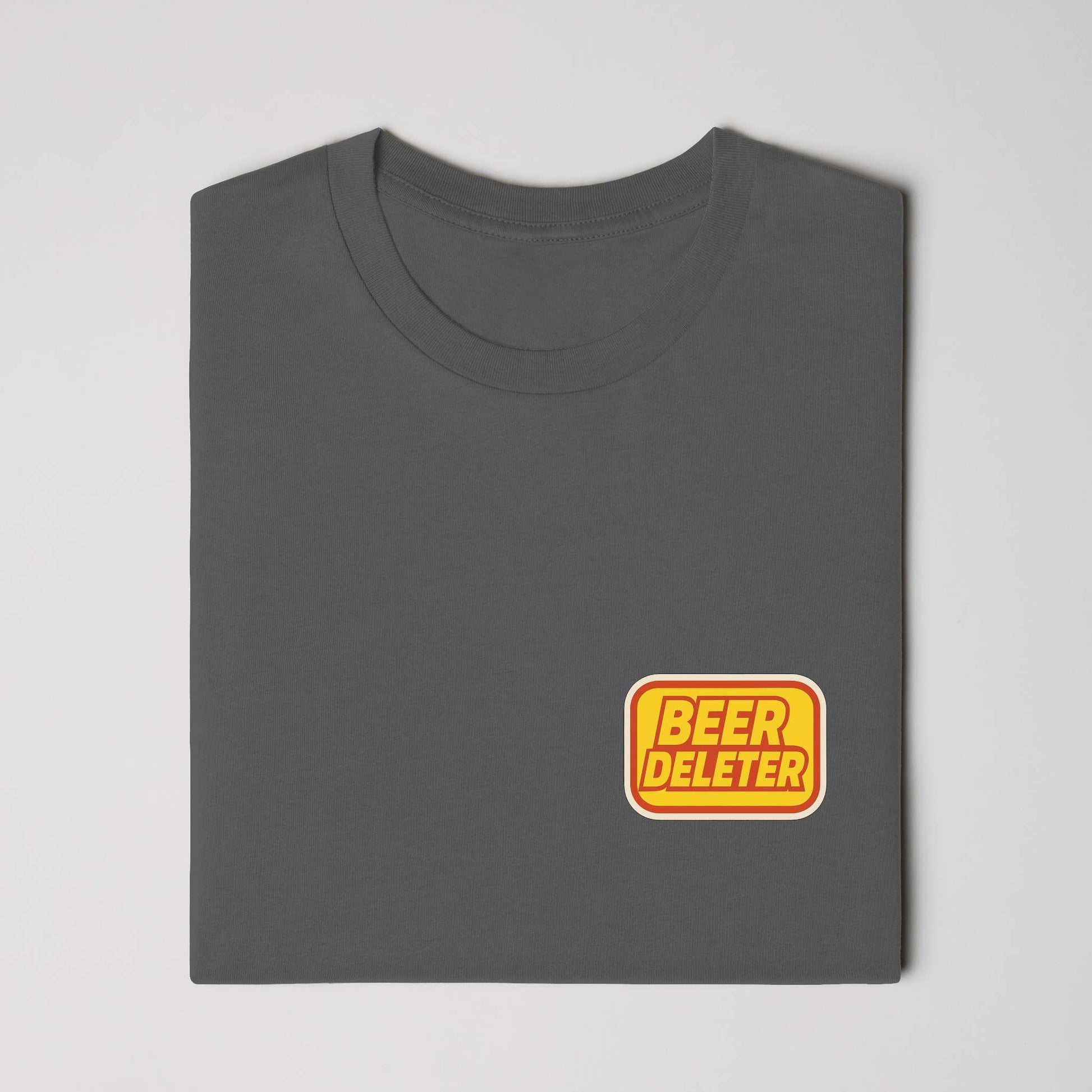 Folded Dark Gray t-shirt with a yellow and red 'Beer Deleter' logo on a white background