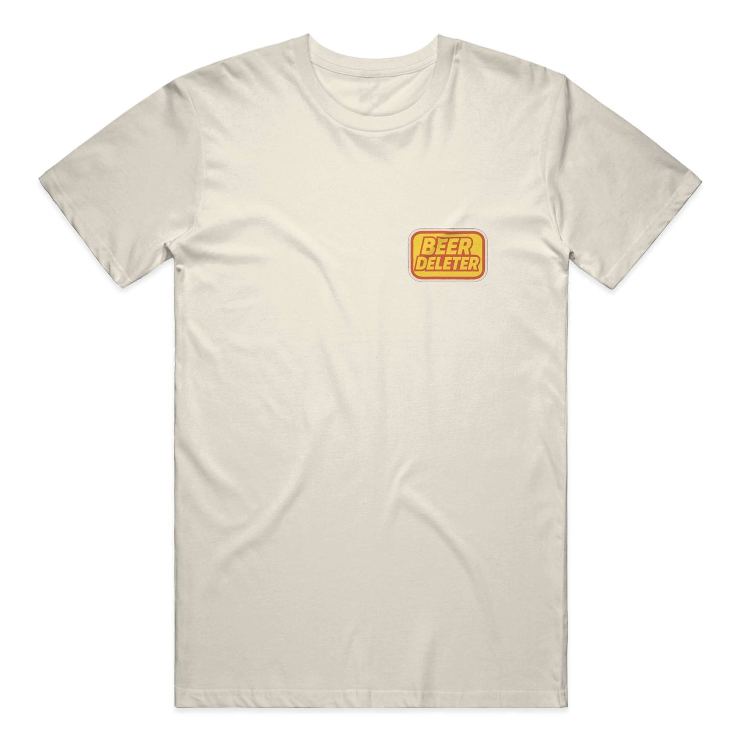 Beige t-shirt with a yellow and red 'Beer Deleter' logo on a white background