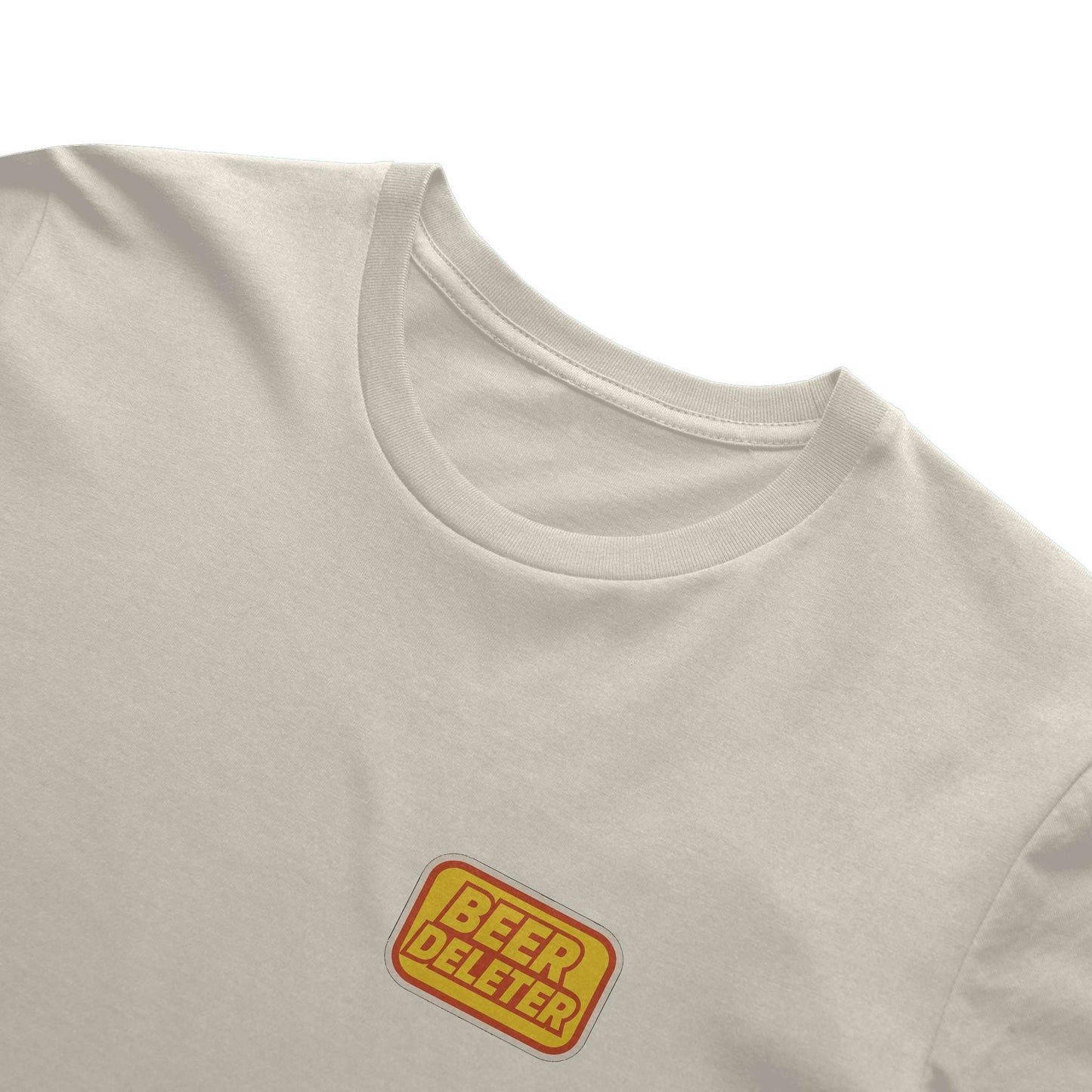 Beige t-shirt with a yellow and red 'Beer Deleter' logo on a white background