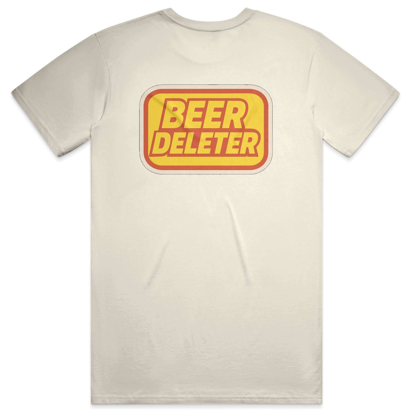 Beige t-shirt with 'Beer Deleter' graphic on a white background