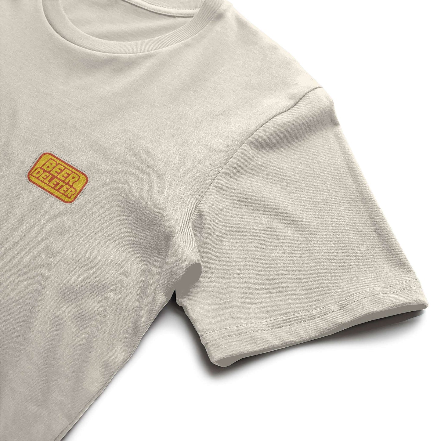 Beige t-shirt with a yellow and red 'BEER DELETER' logo on a white background