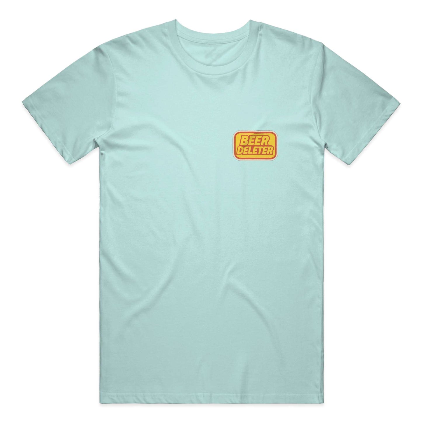 Light blue t-shirt with a yellow and red  'Beer Deleter' logo on a white background