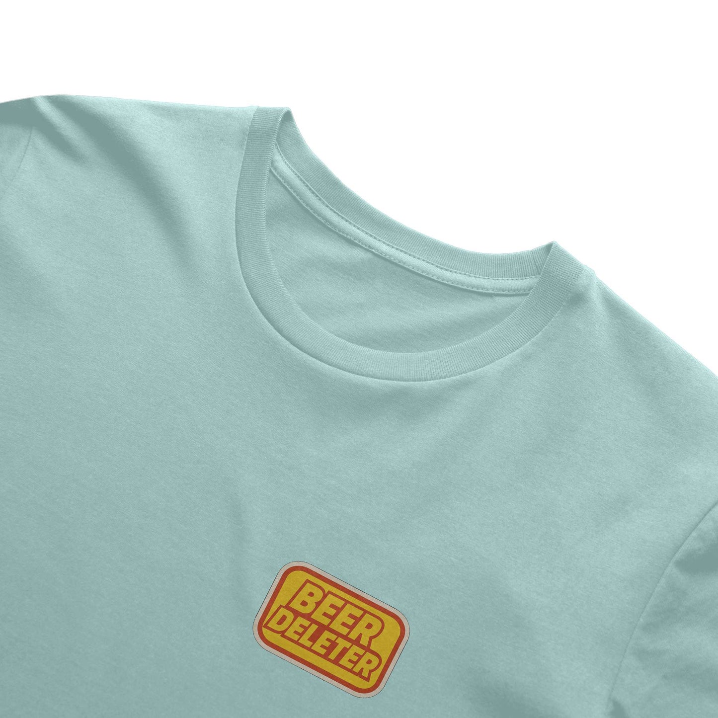 Light blue t-shirt with a yellow and red 'Beer Deleter' logo on a white background