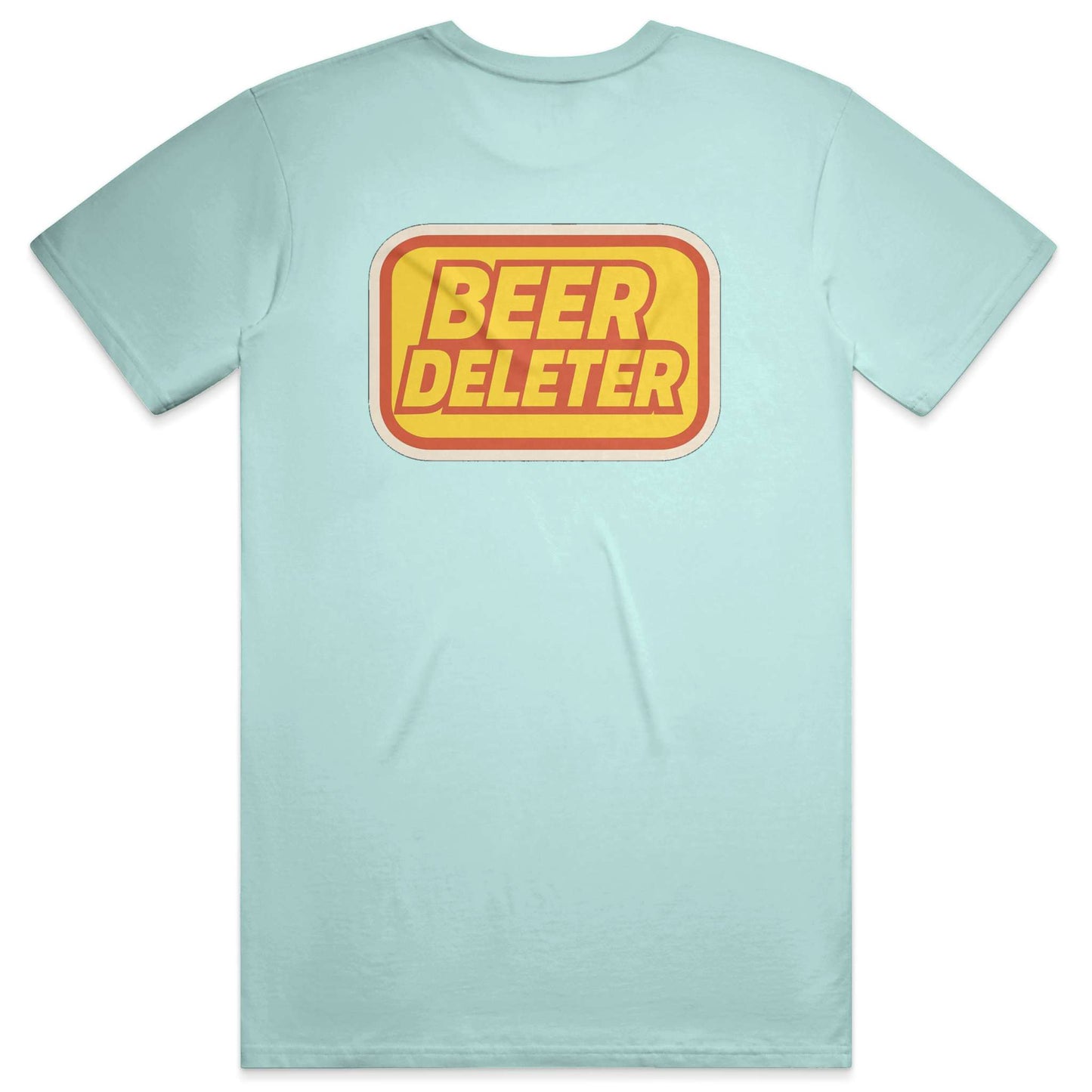 Light blue t-shirt with a yellow and red 'Beer Deleter' graphic on the back against a white background