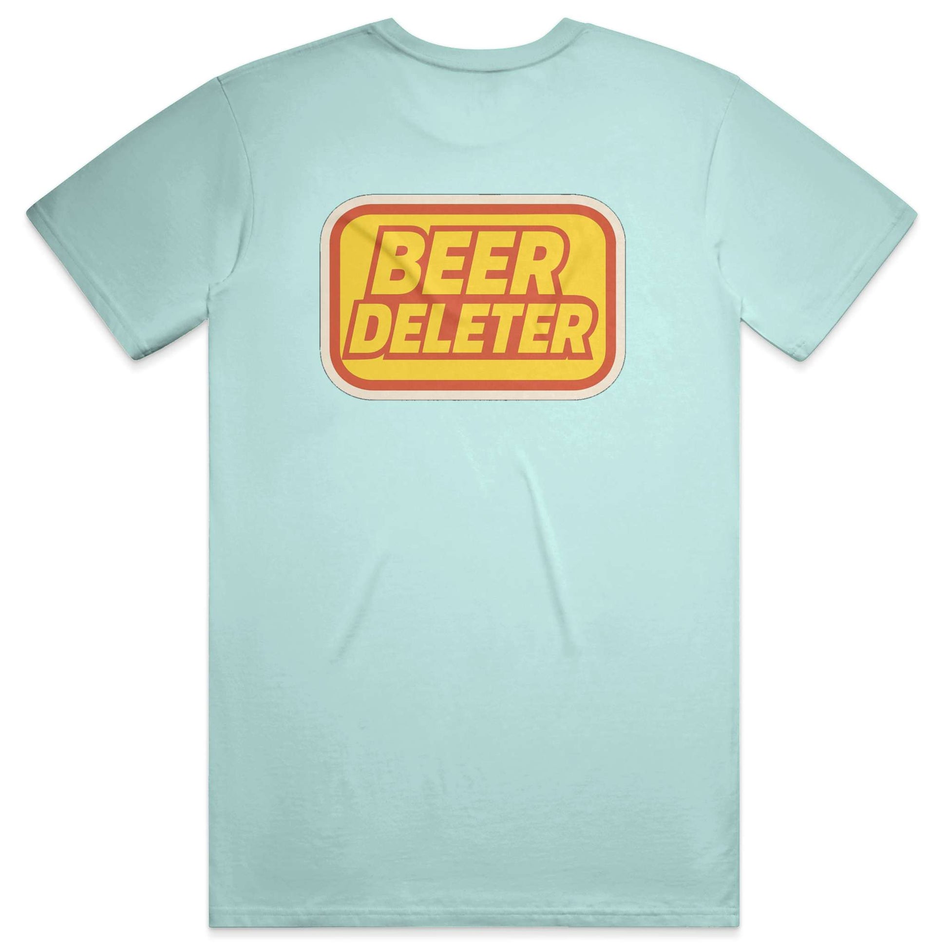 Light blue t-shirt with a yellow and red 'Beer Deleter' graphic on the back against a white background