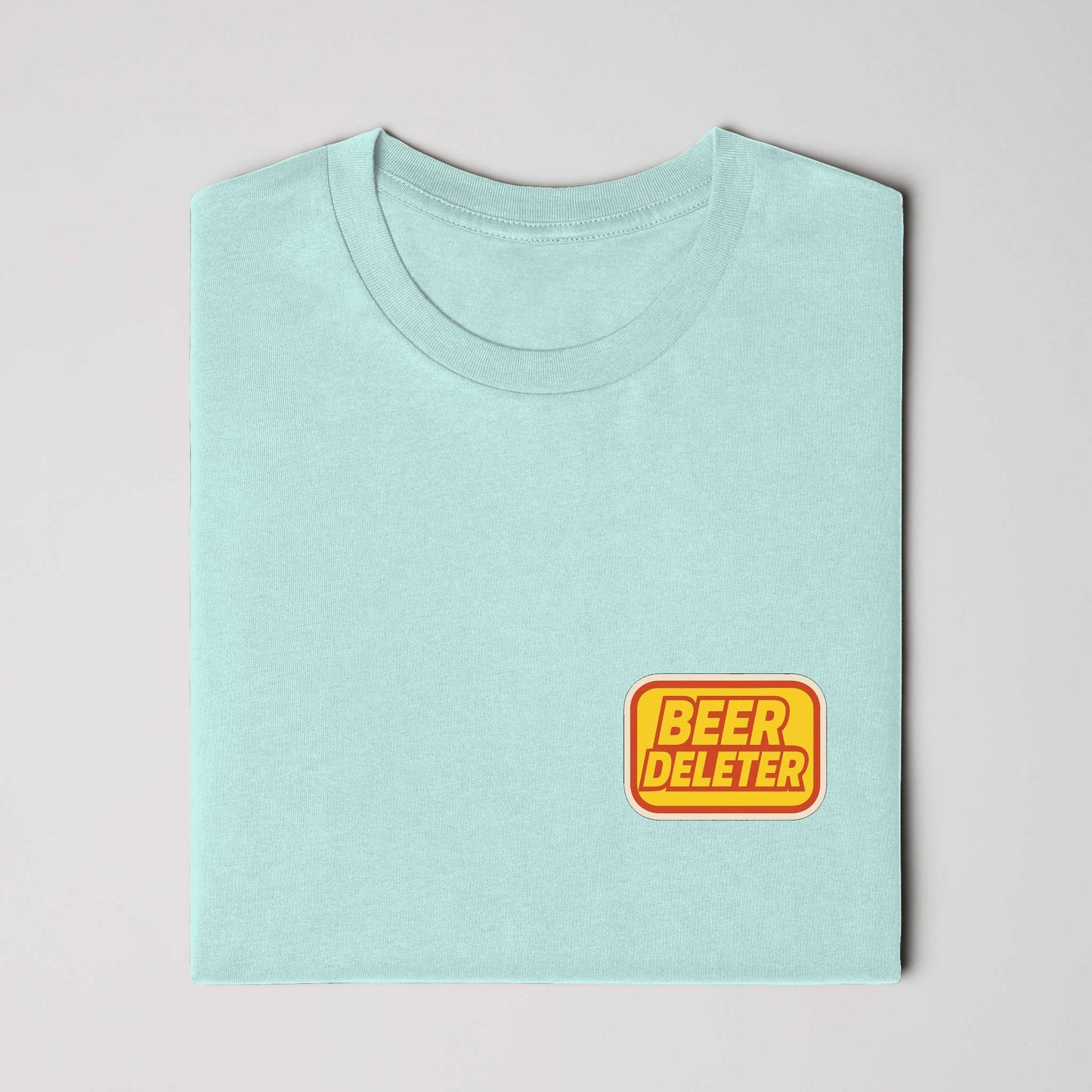 Folded Light blue t-shirt with a yellow and red 'Beer Deleter' logo on a white background