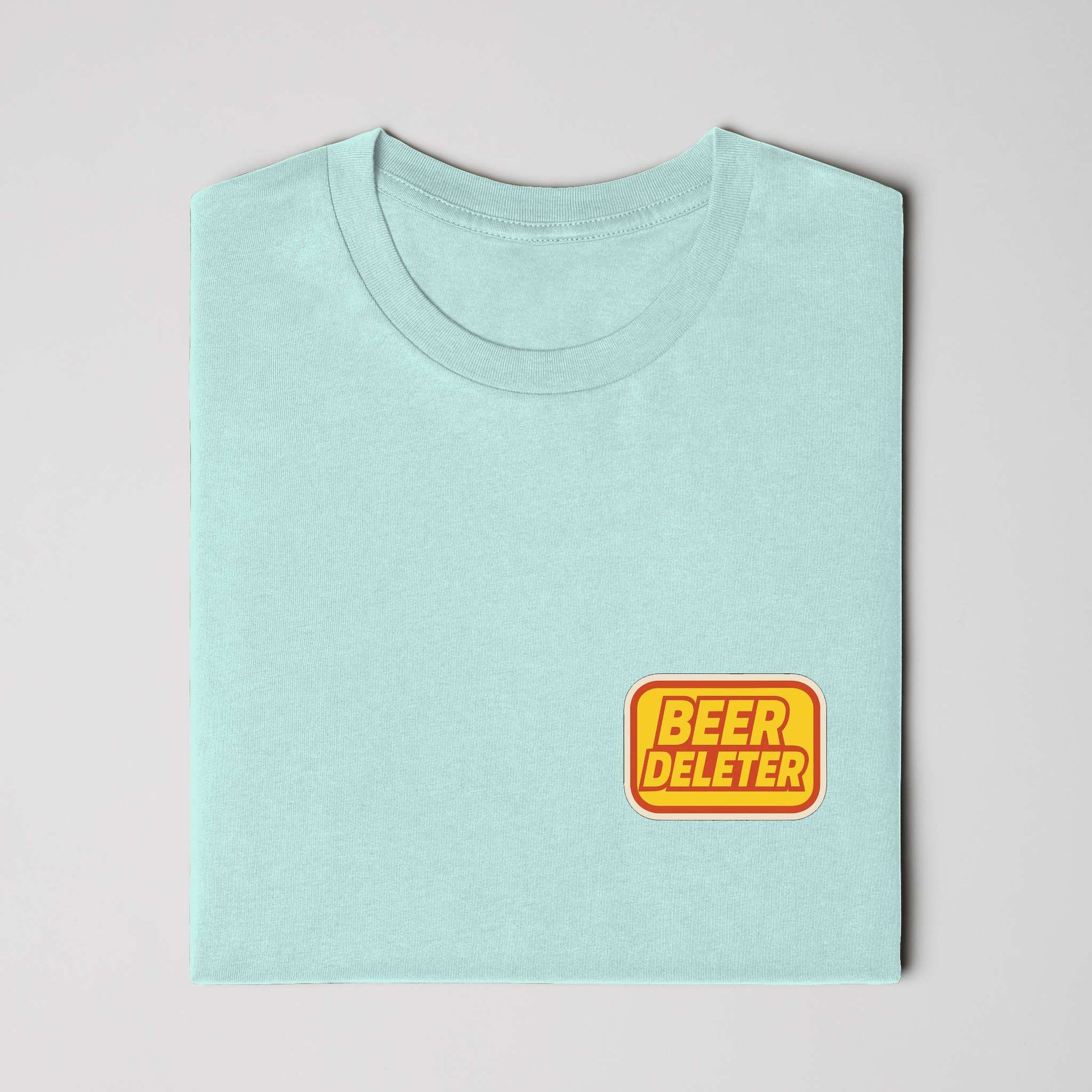 Folded Light blue t-shirt with a yellow and red 'Beer Deleter' logo on a white background
