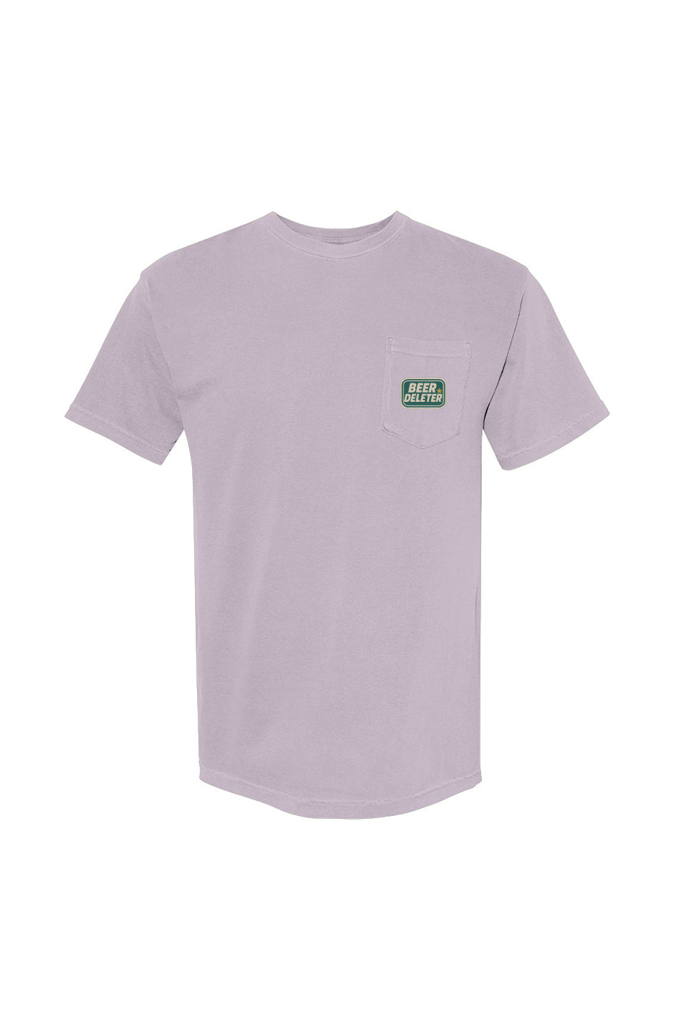 Light purple t-shirt with a green logo on a white background
