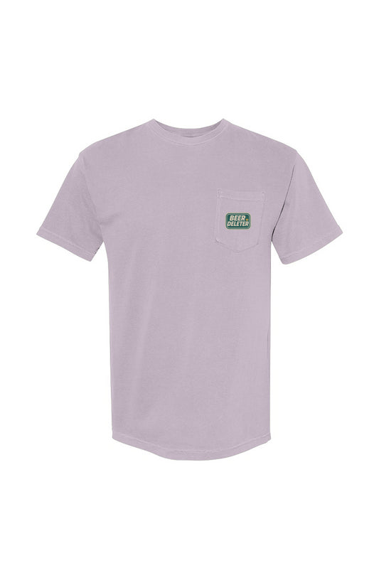Light purple t-shirt with a green logo on a white background