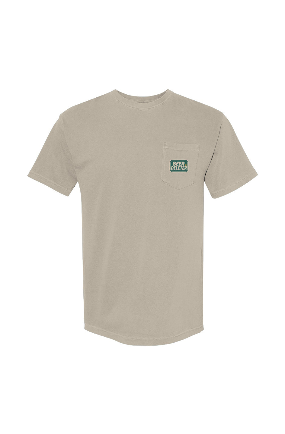 Beige t-shirt with a small green logo on a white background