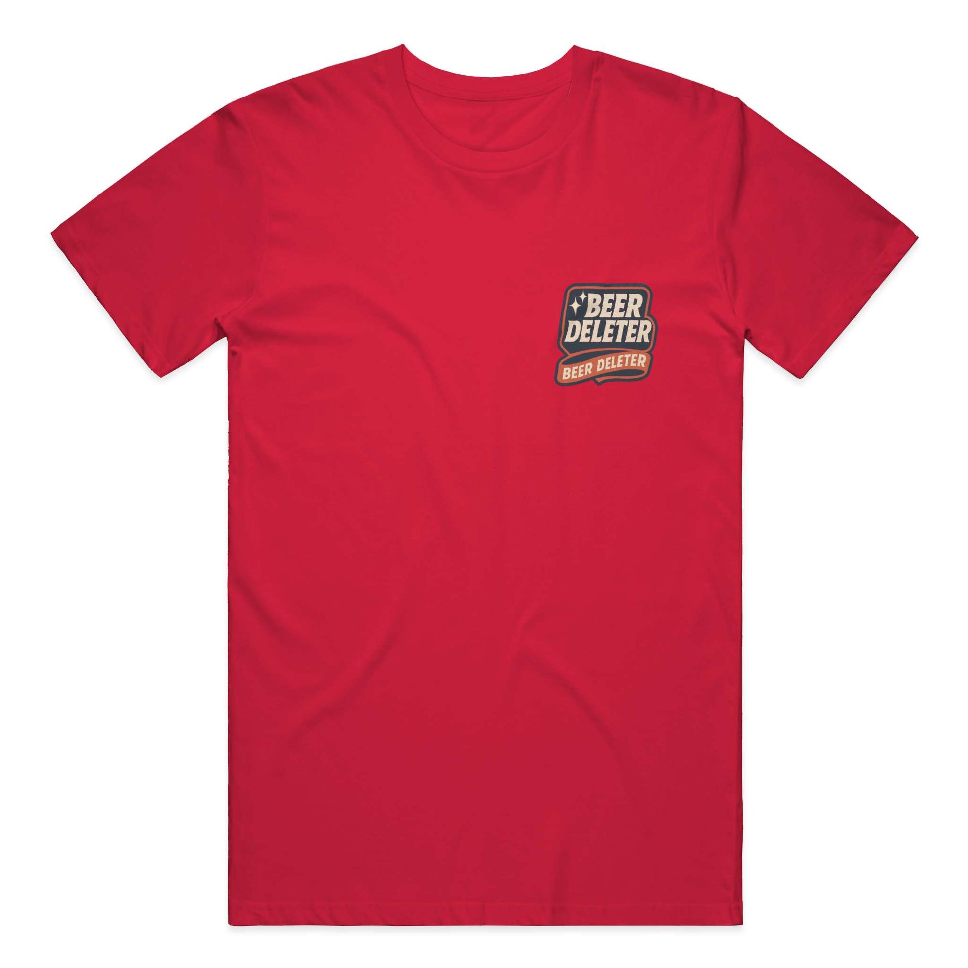 Red t-shirt with a 'Beer Deleter' logo on a white background