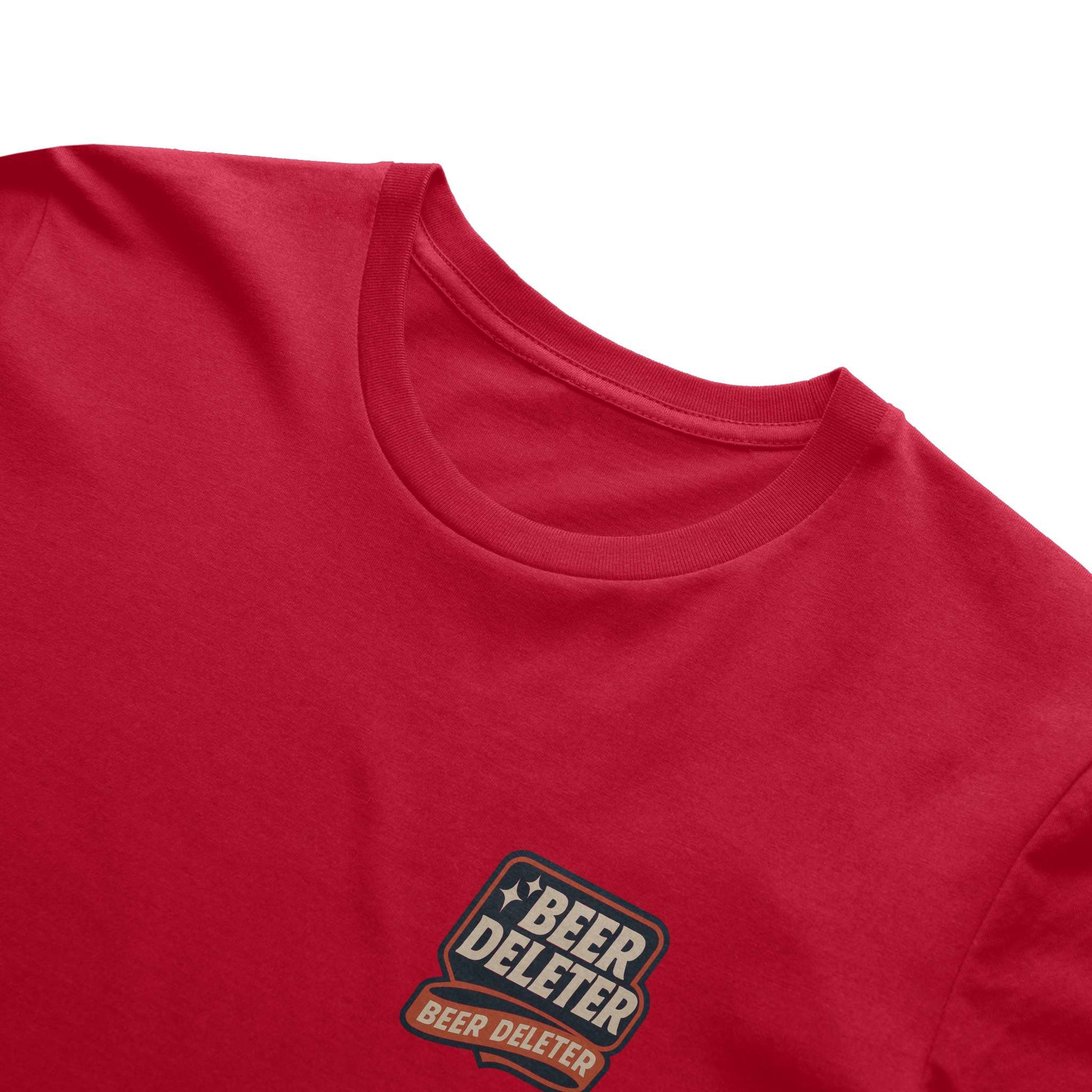 Red t-shirt with 'Beer Delete' logo on a white background