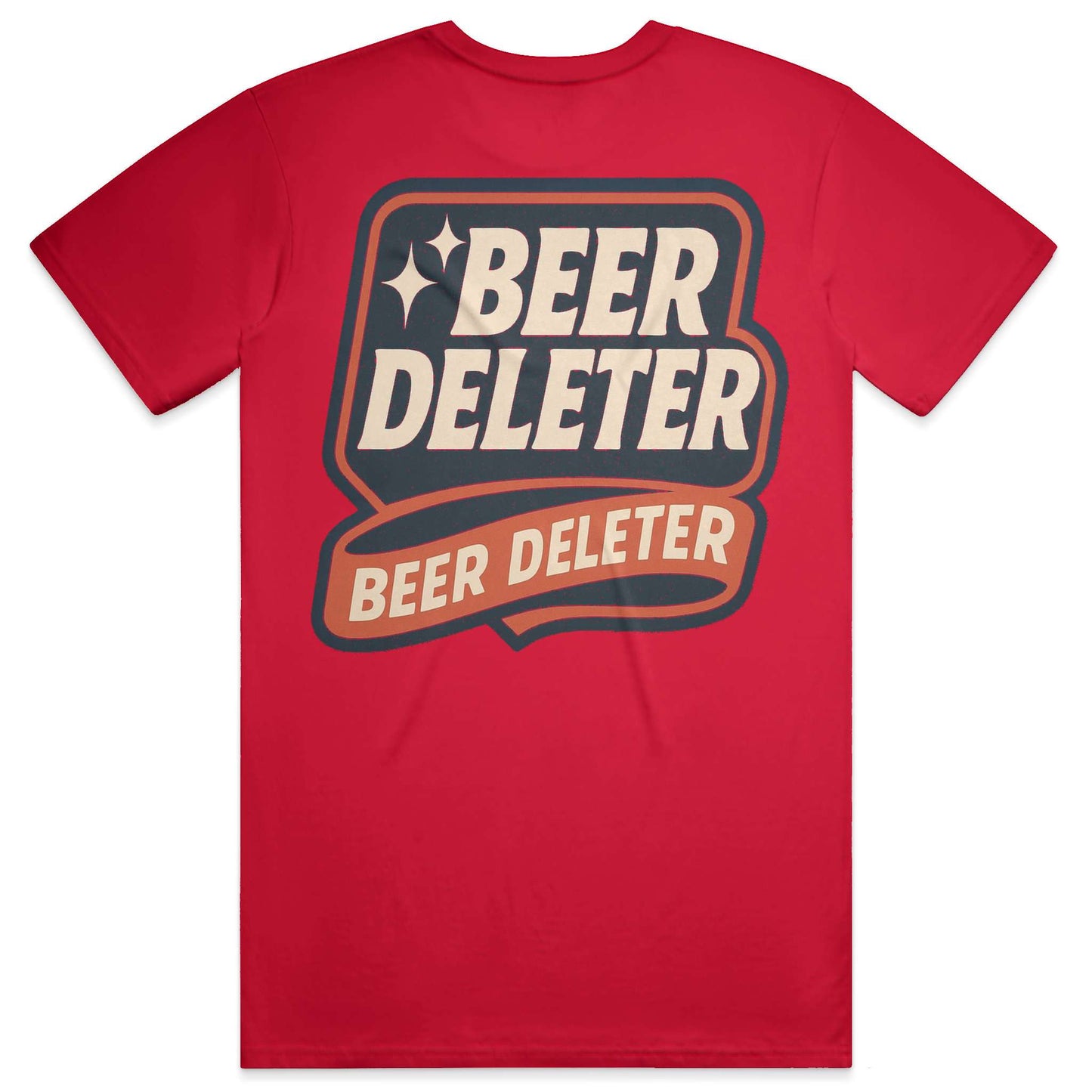 Red t-shirt with 'Beer Deleter' graphic on a white background