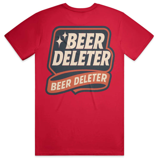 Red t-shirt with 'Beer Deleter' graphic on a white background