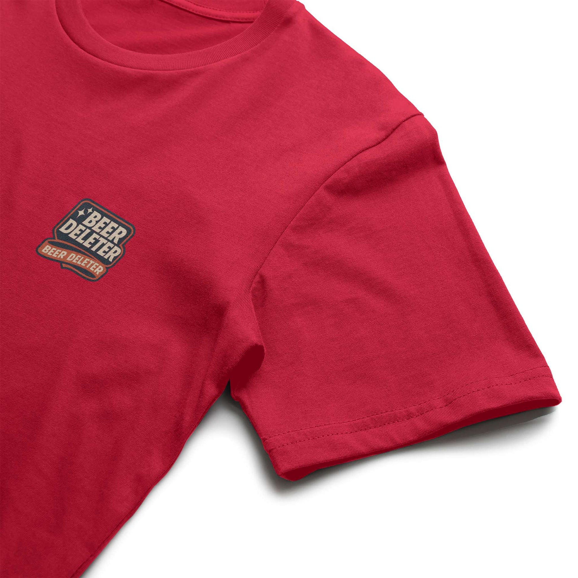 Red t-shirt with a 'Beer Deleter' logo on a white background