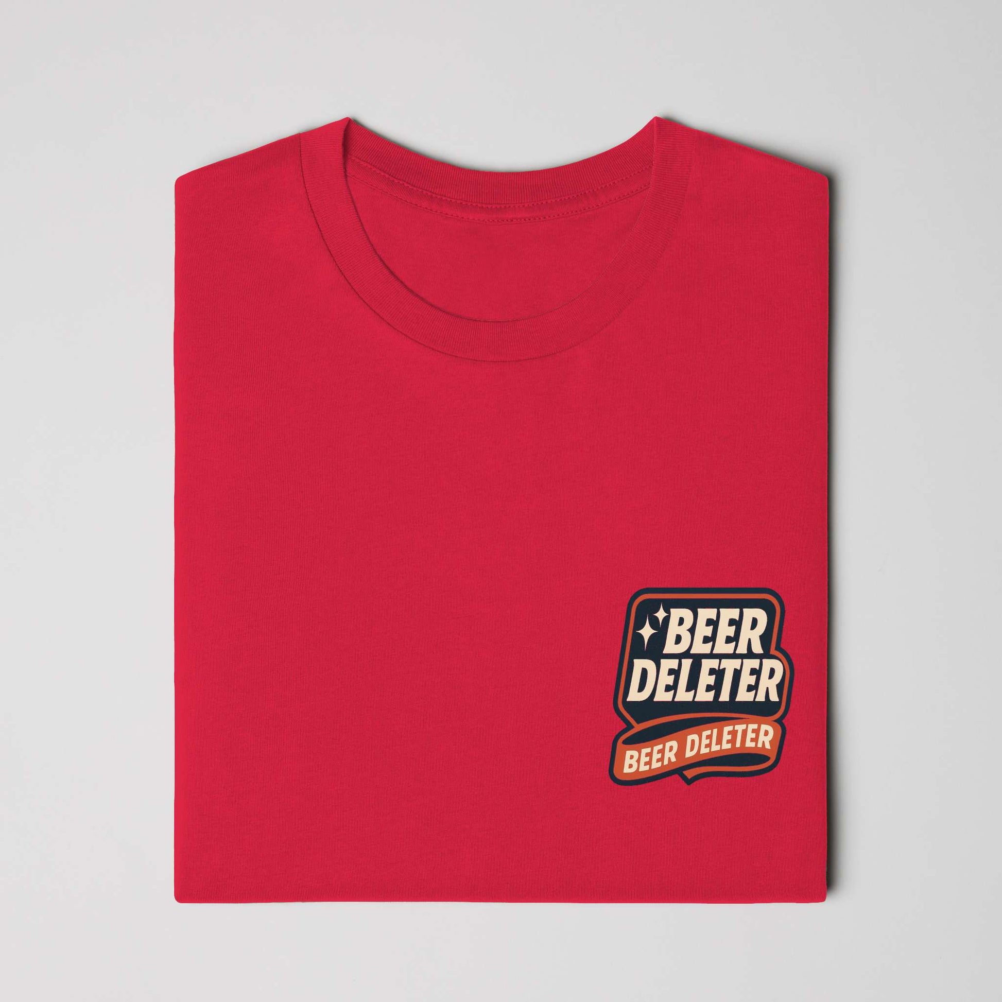 Folded red t-shirt with 'Beer Deleter' logo on a white background