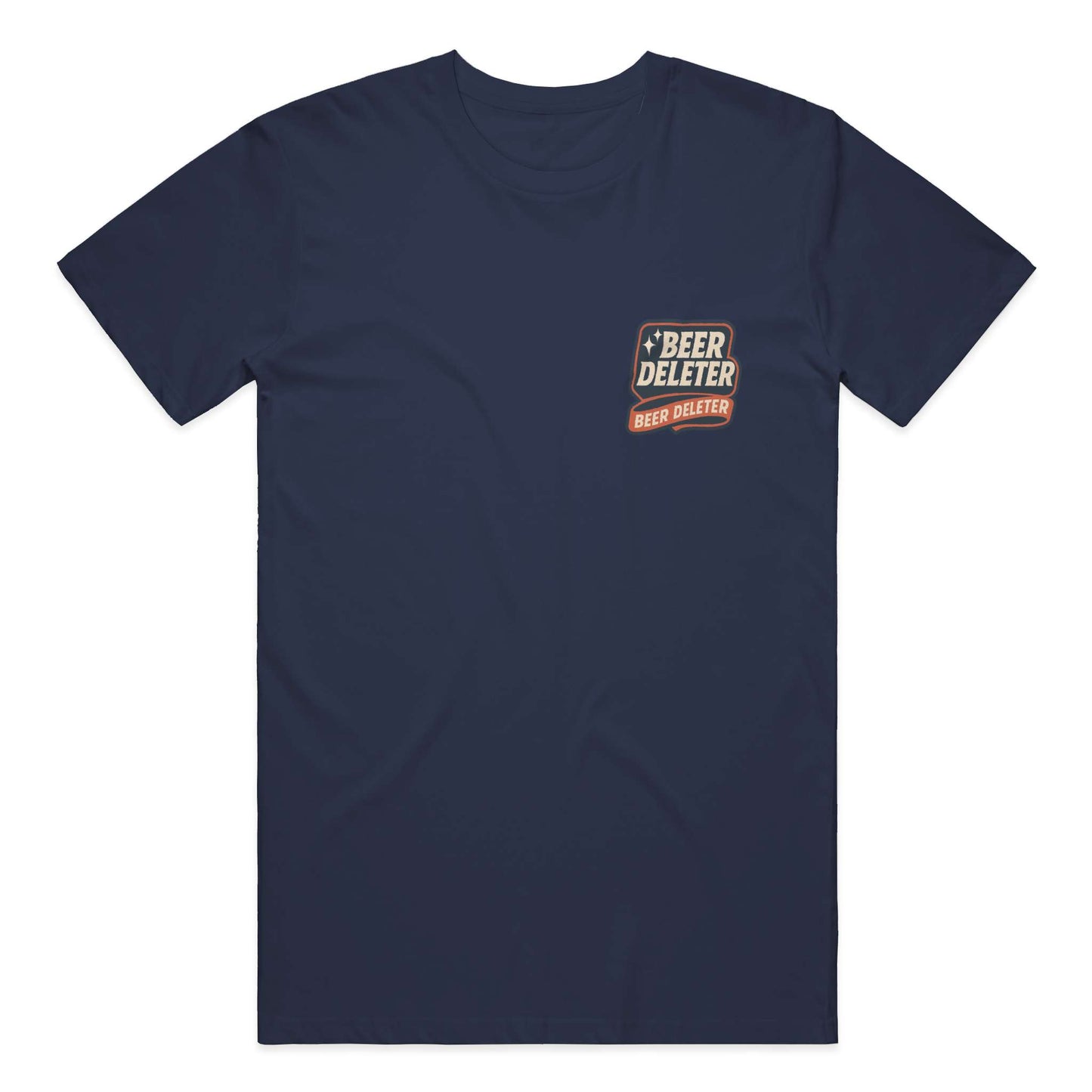 Navy blue t-shirt with a small logo on the chest against a white background