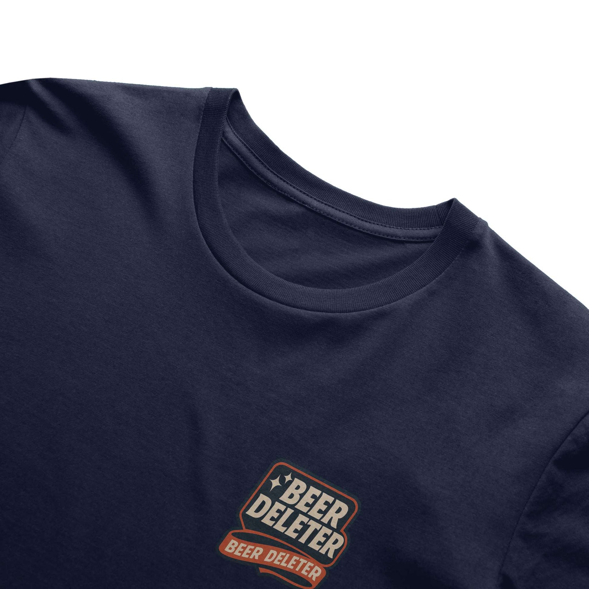 Navy blue t-shirt with 'Beer Deleter' logo on a white background