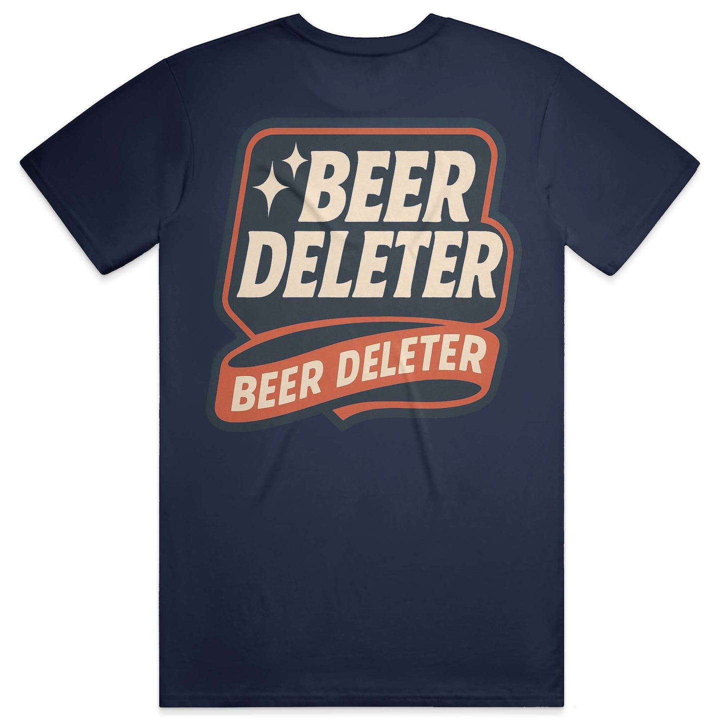 Navy blue t-shirt with 'Beer Deleter' graphic design on a white background