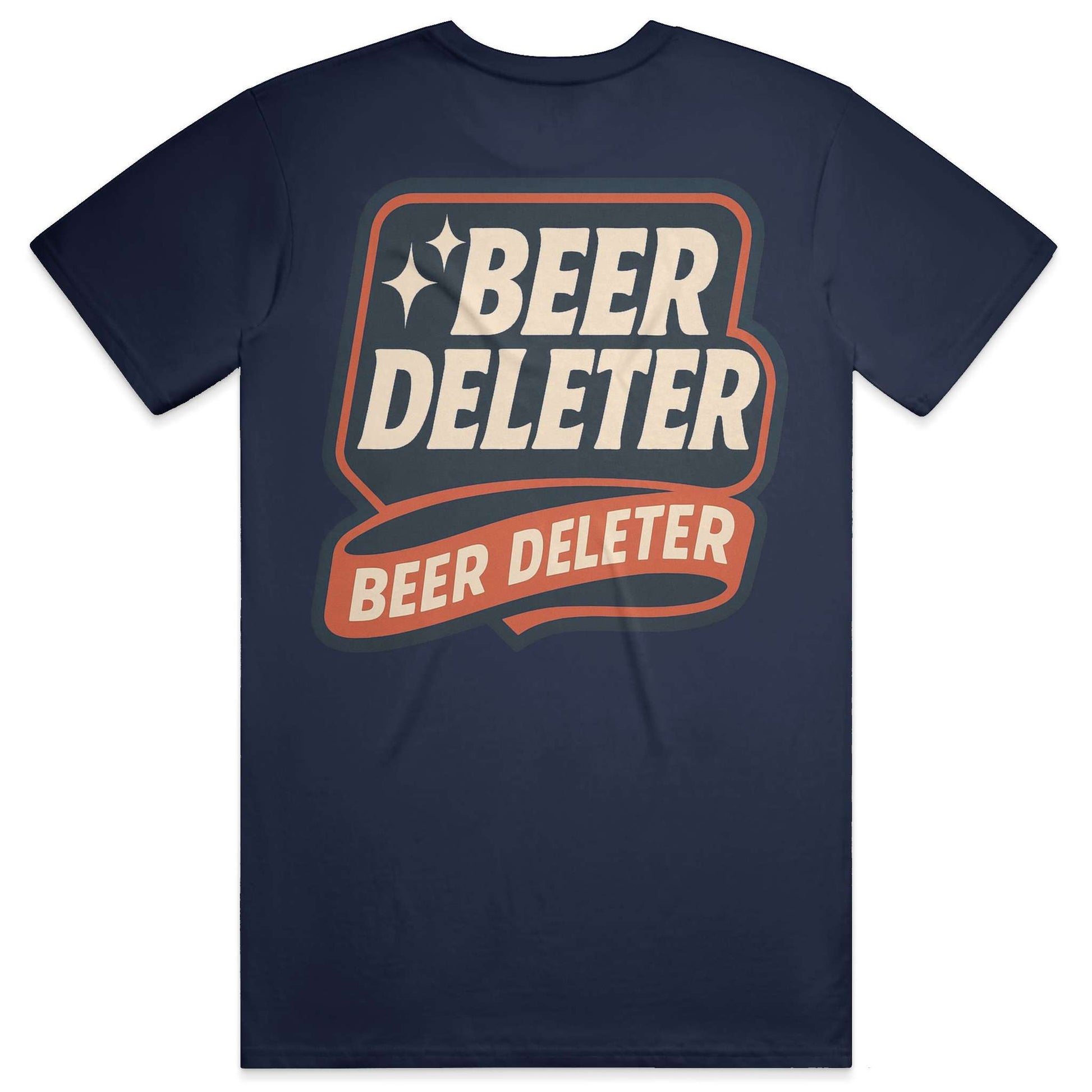 Navy blue t-shirt with 'Beer Deleter' graphic design on a white background