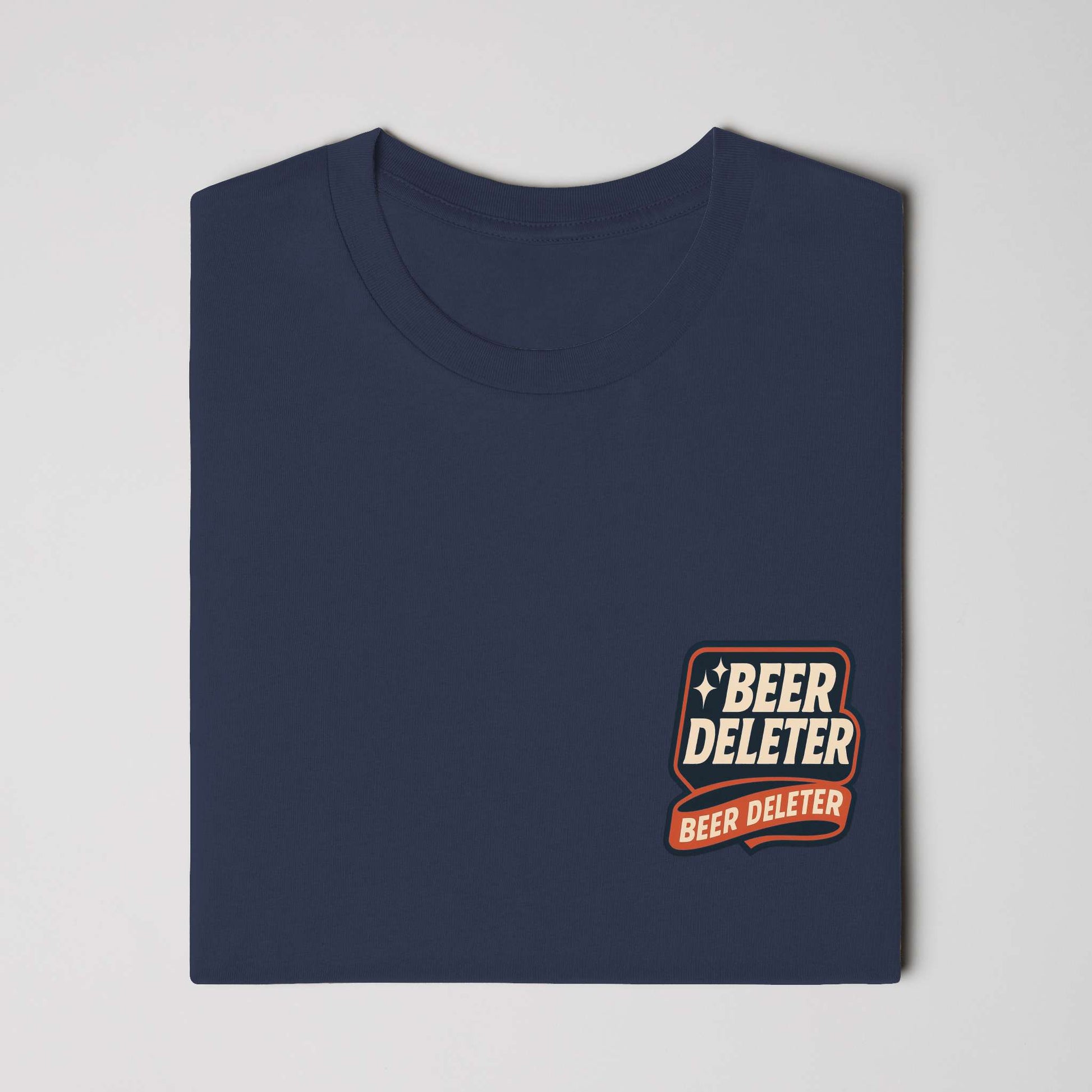Navy blue t-shirt with 'Beer Deleter' logo on a white background