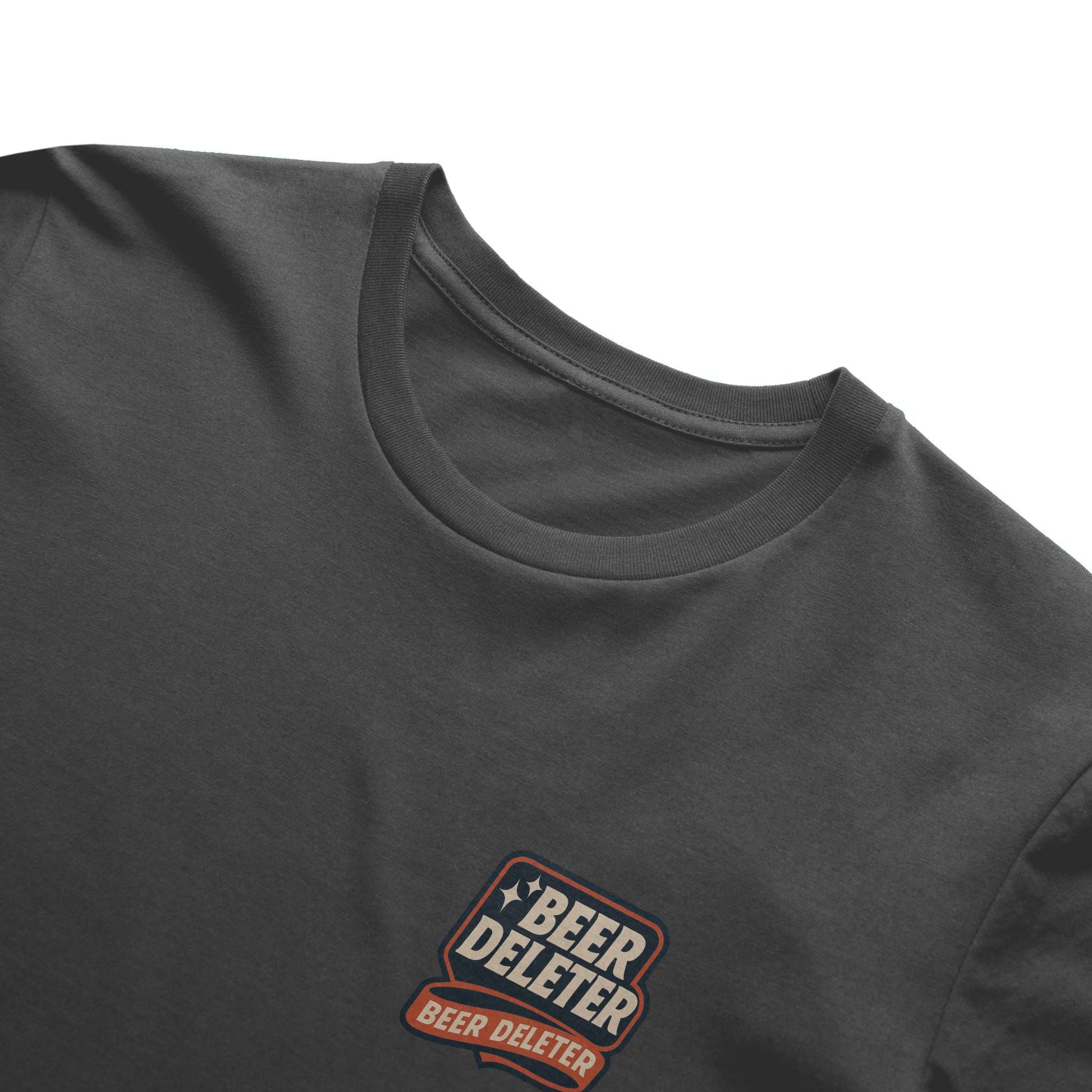 Dark gray t-shirt with 'Beer Deleter' logo on a white background