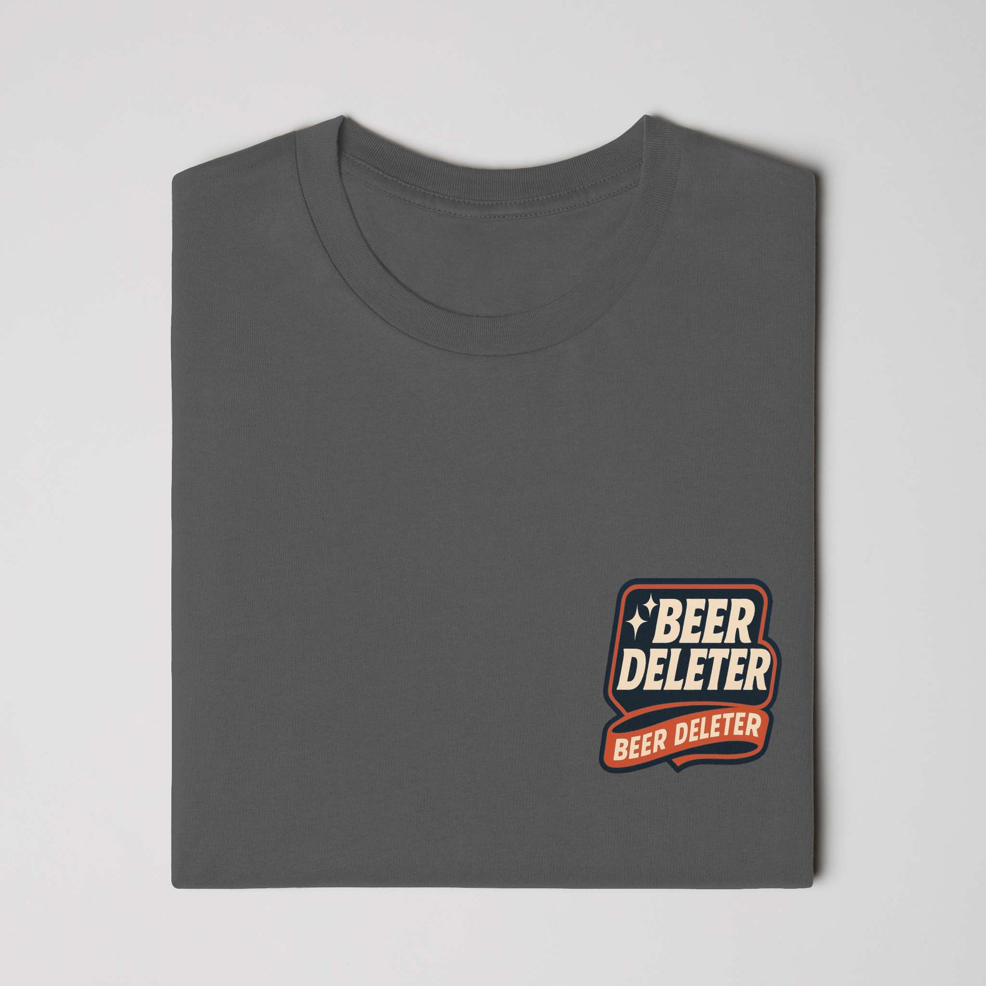 Folded dark gray t-shirt with 'Beer Deleter' logo on a white background
