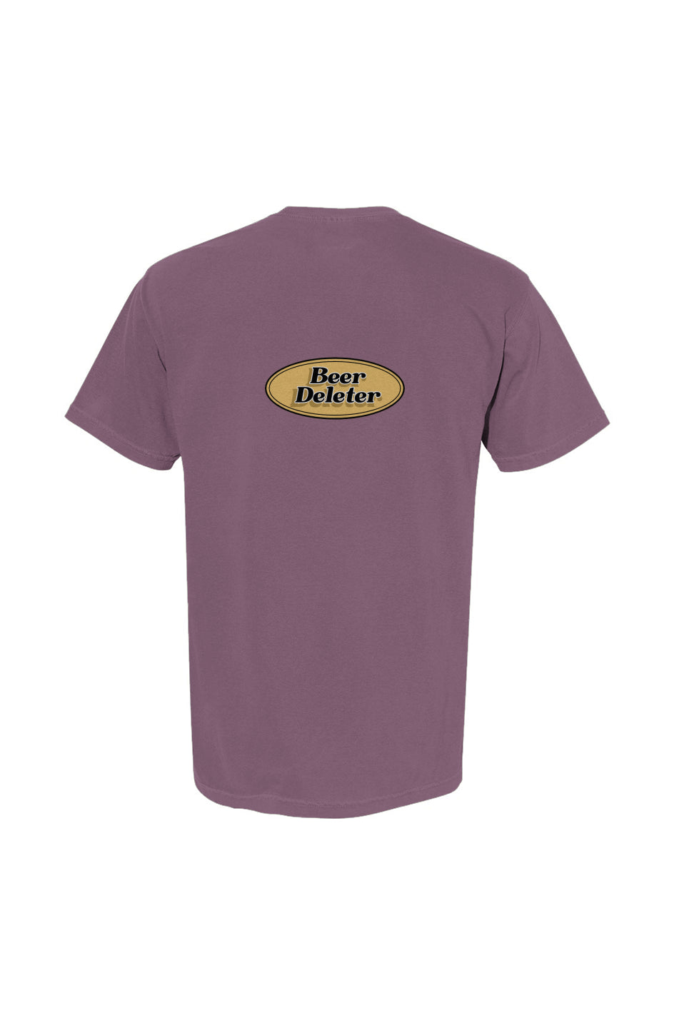 Purple t-shirt with 'Beer Deleter' logo on the back against a white background