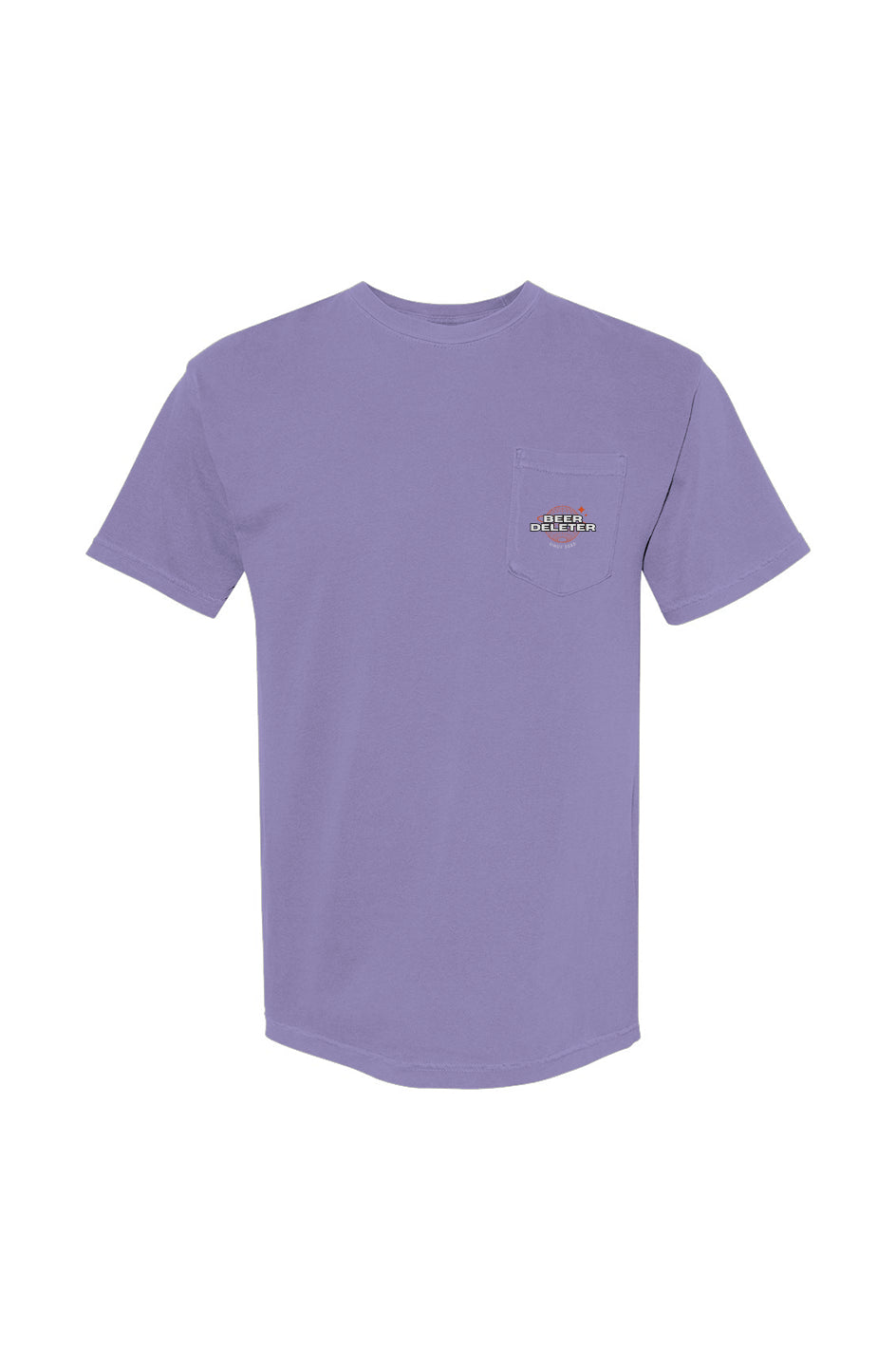 Purple t-shirt with a small logo on the chest against a white background