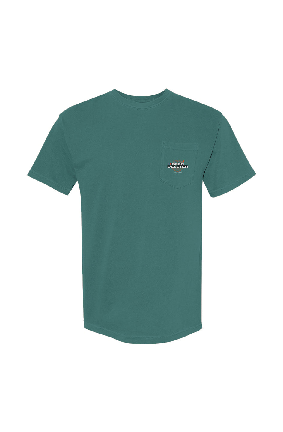Teal t-shirt with a small logo on the chest against a white background