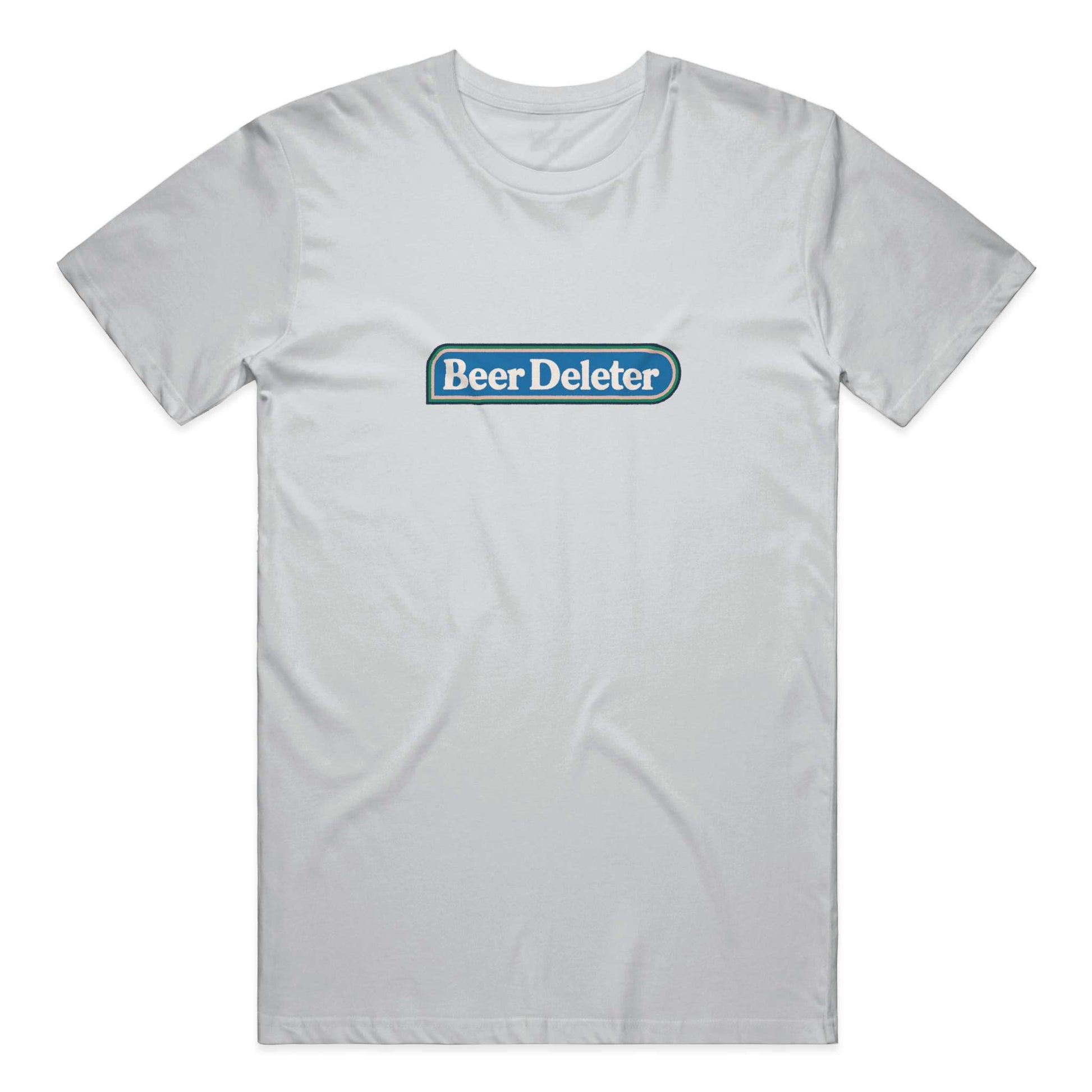Gray t-shirt with 'Beer Deleter' logo on a white background