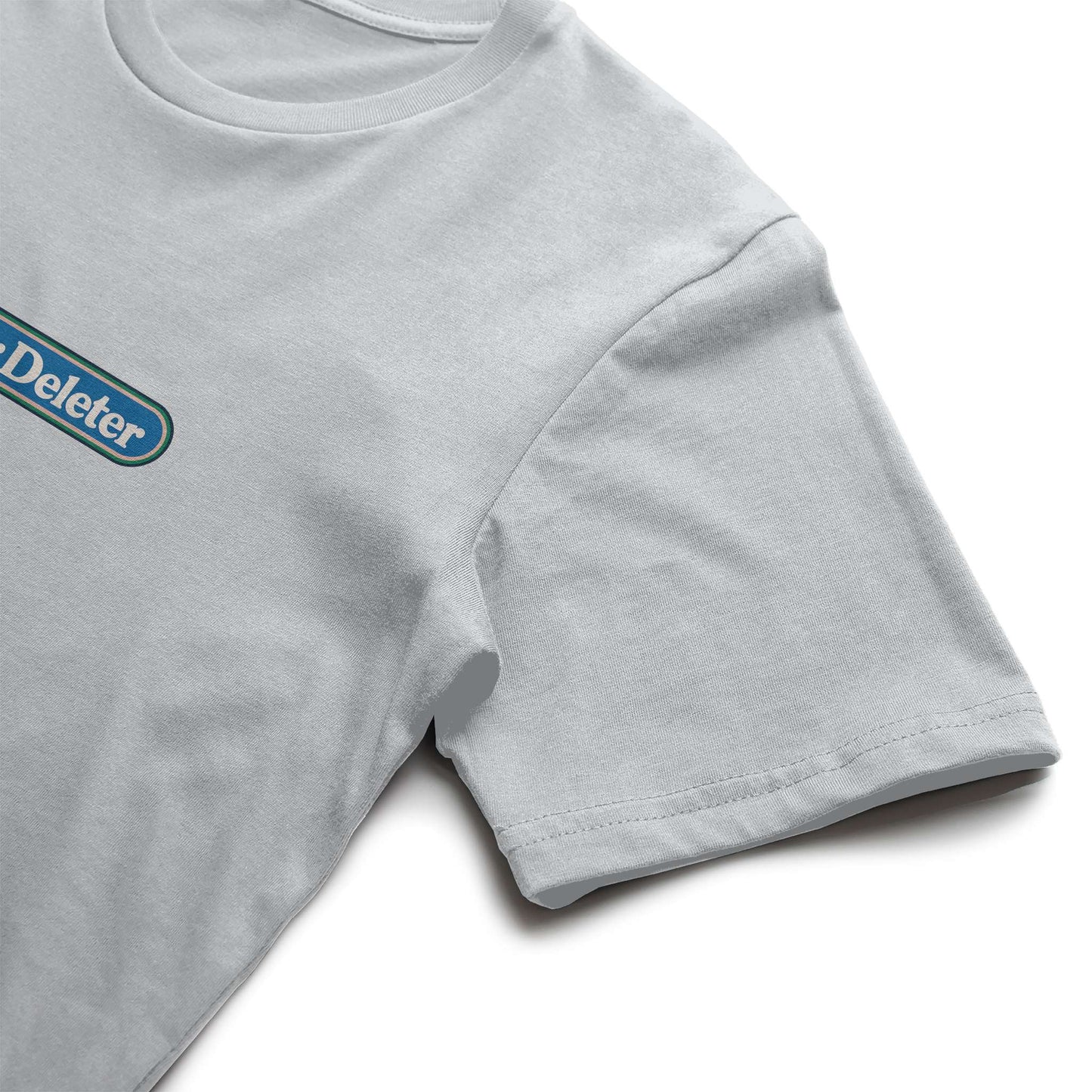 Gray t-shirt with 'Deleter' logo on a white background